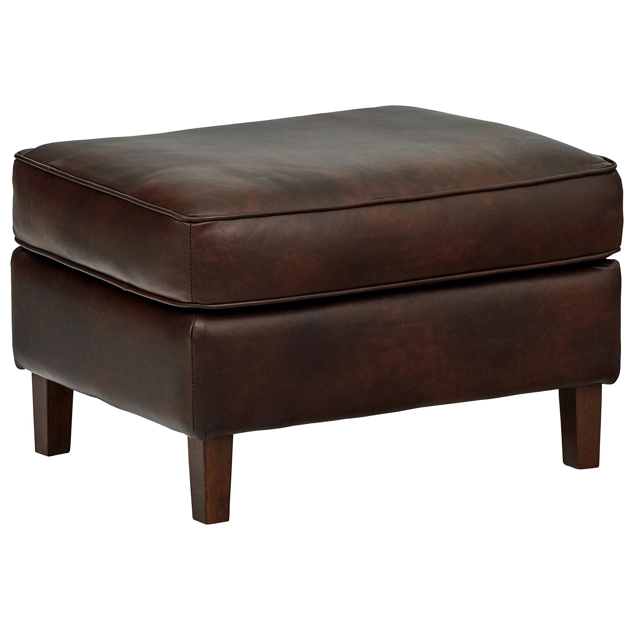 Mid-Century Modern Leather Ottoman with Tapered Wood Legs