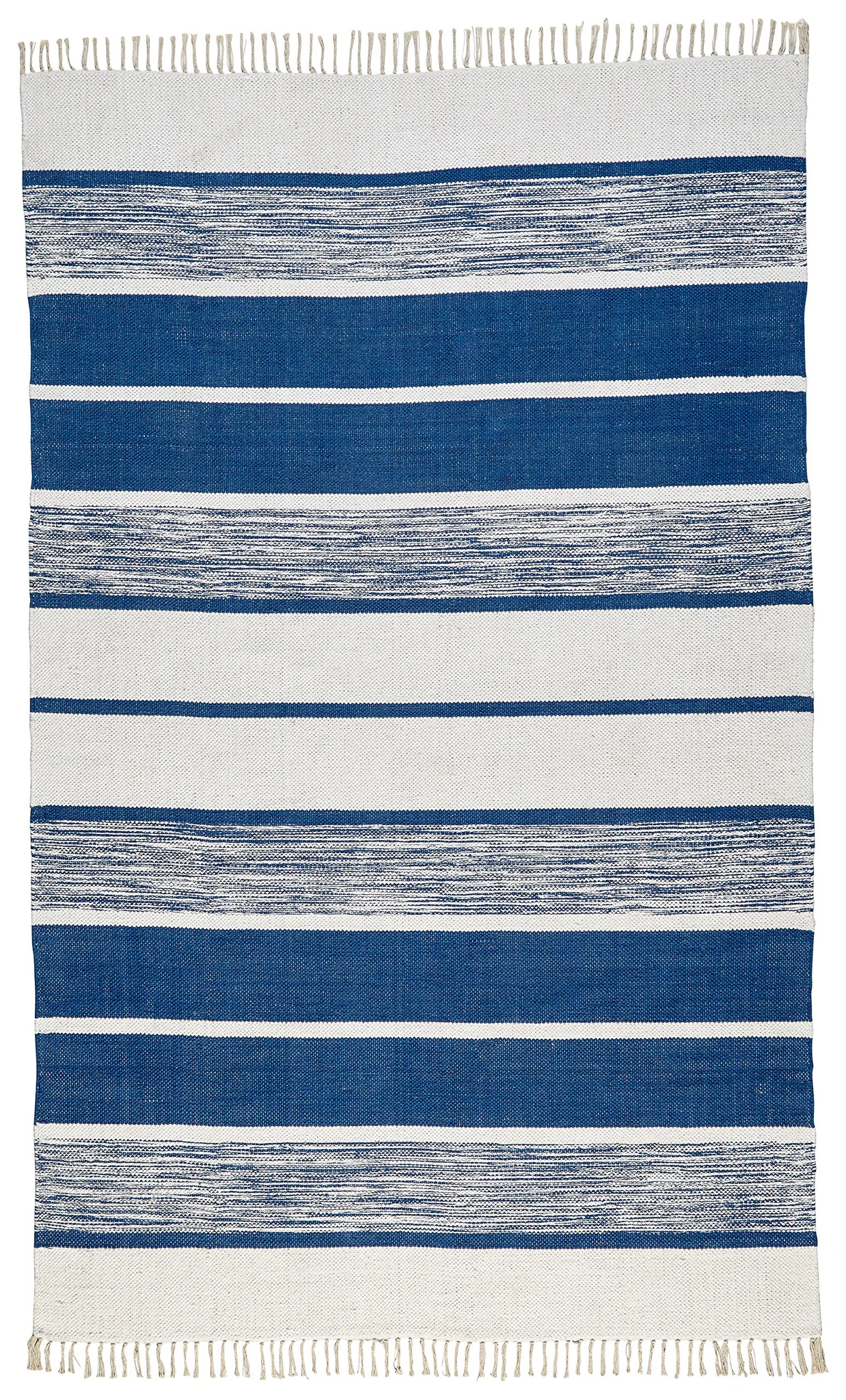 Blue & White Striped Cotton Flatweave Area Rug with Fringe