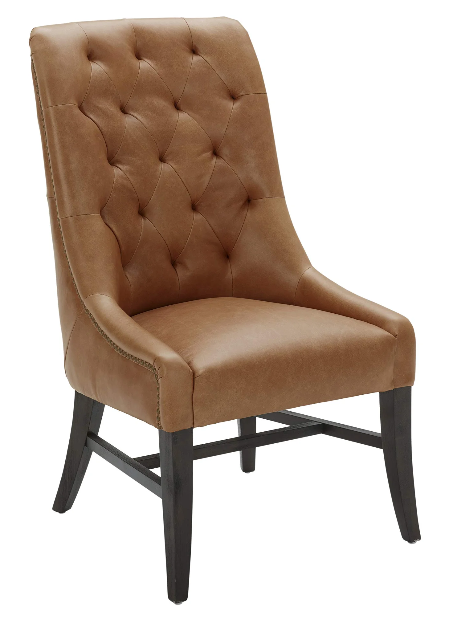 Tufted Cognac Leather Dining Chair with Dark Wood Legs