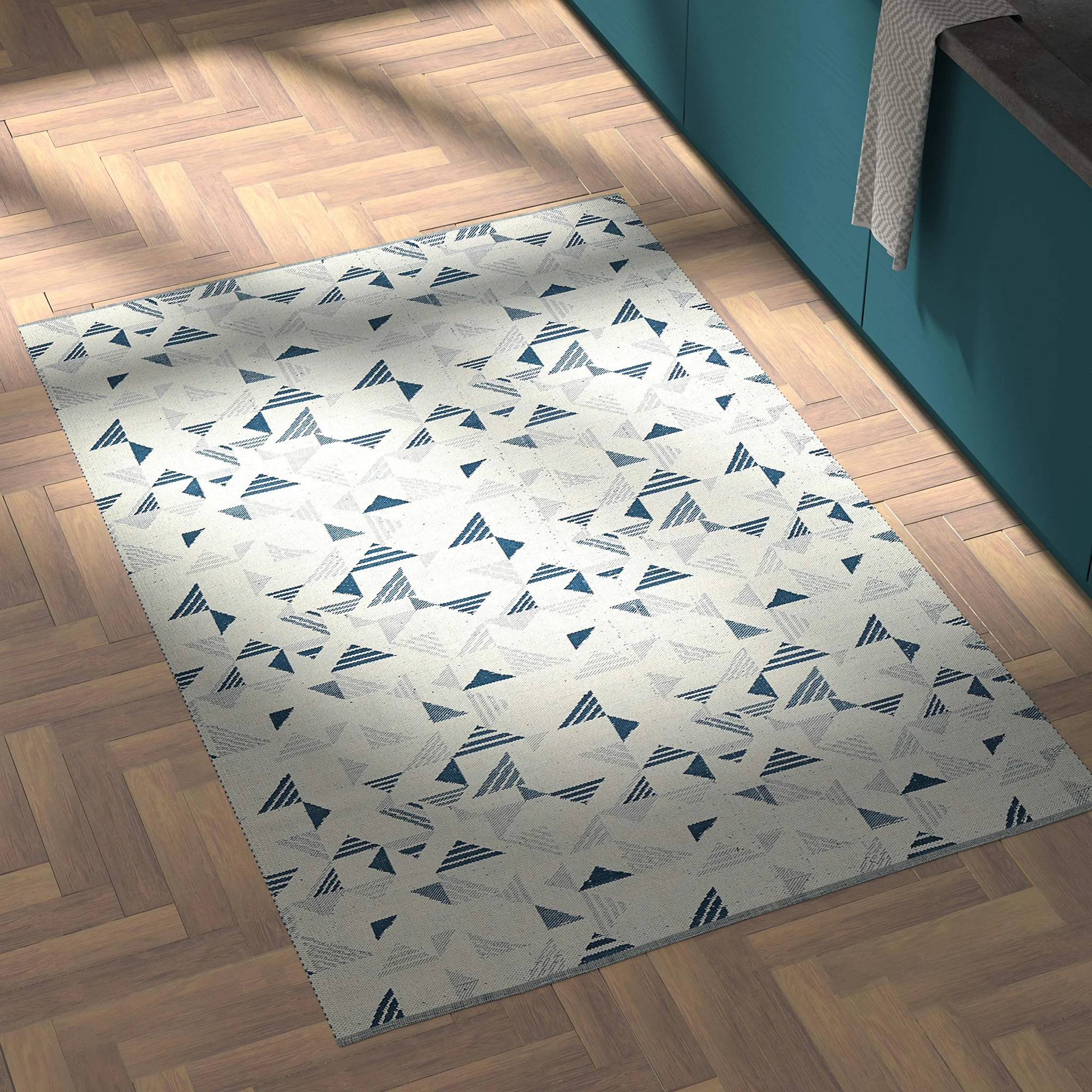 Modern Geometric Triangle Area Rug – Blue Ivory Flat Weave