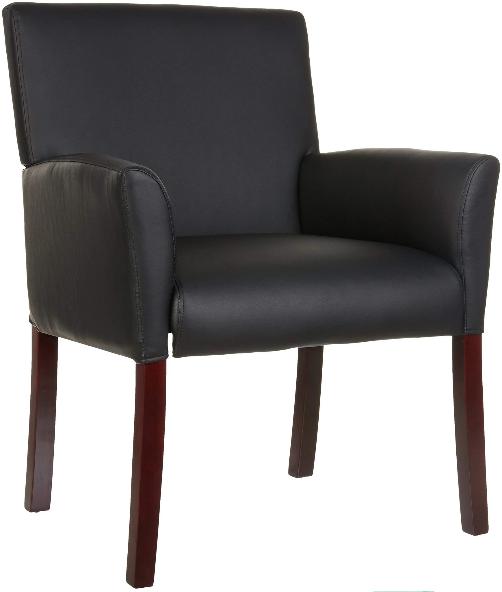 Black Leather Reception Armchair with Mahogany Wood Legs