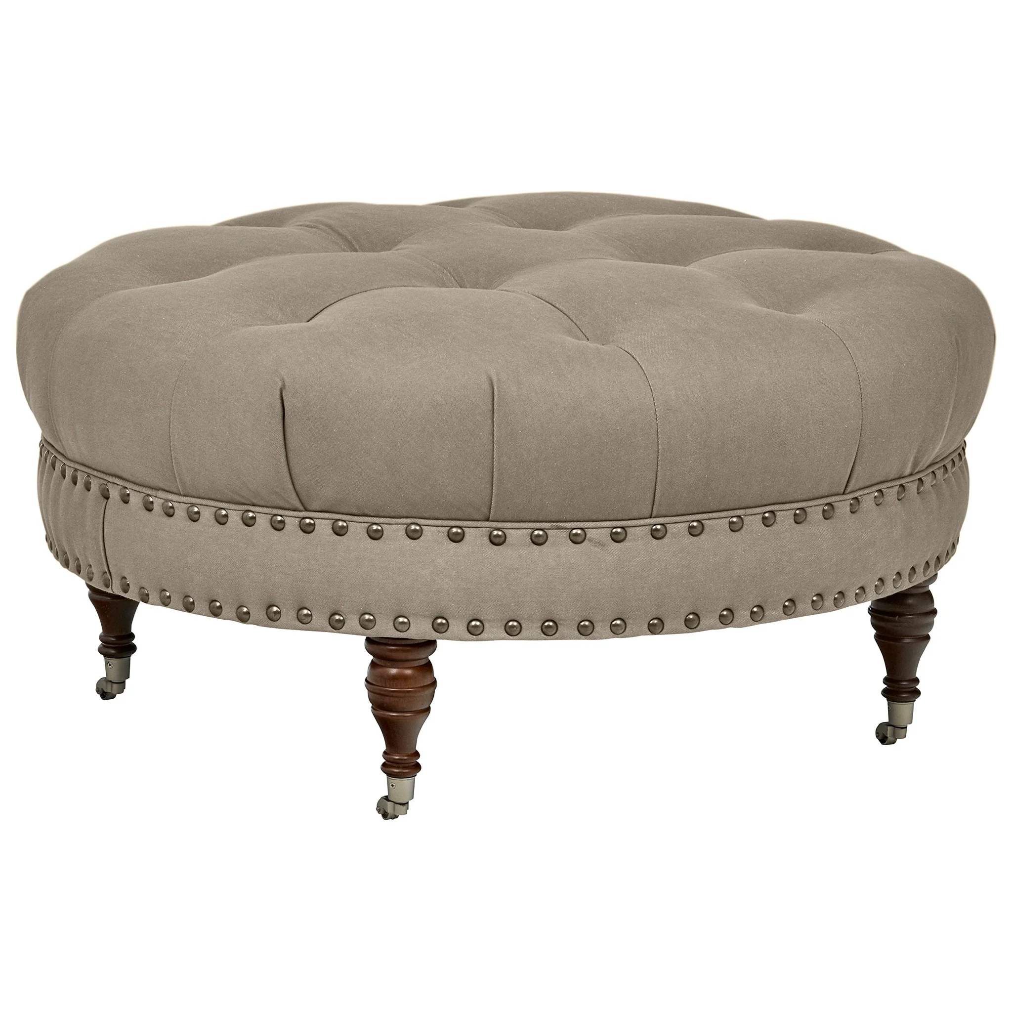 Round Tufted Ottoman with Nailhead Trim and Turned Legs