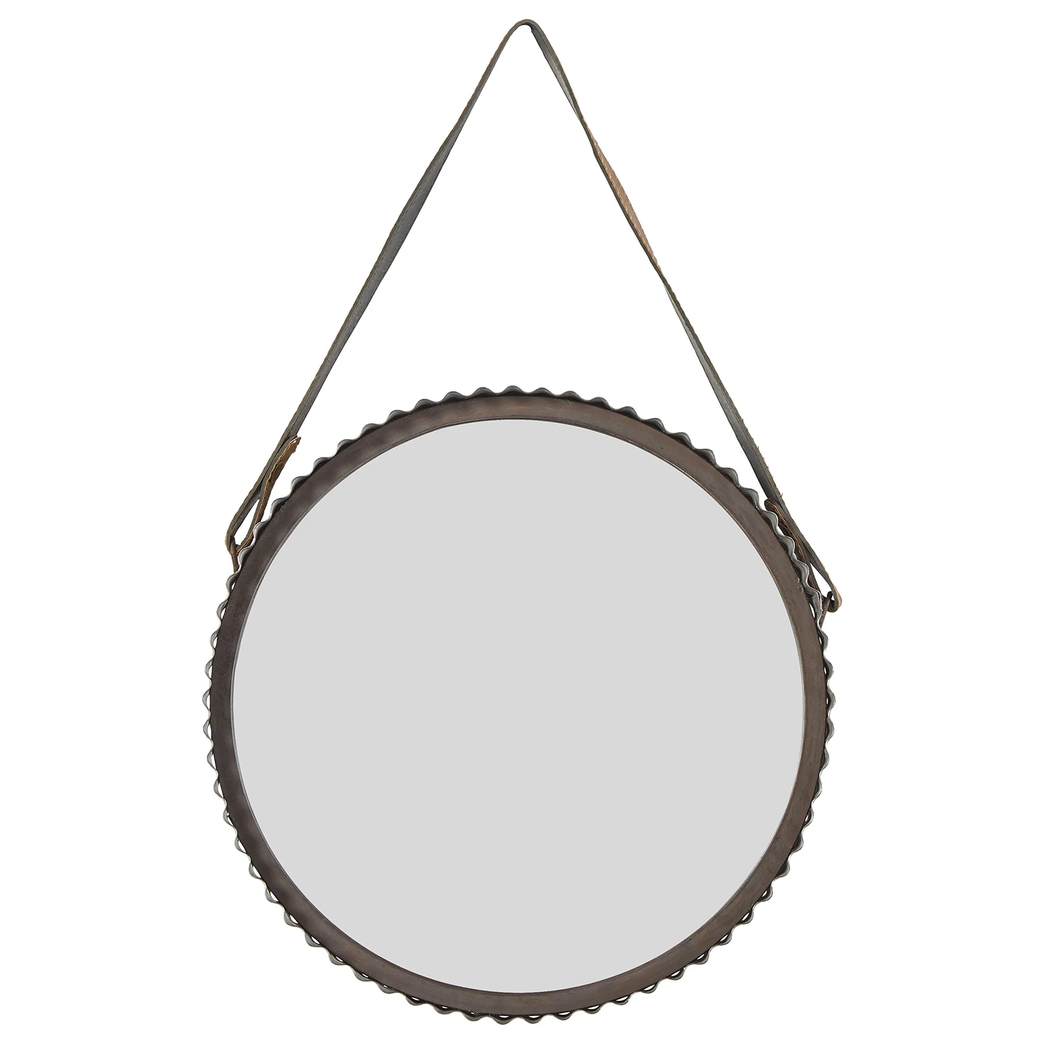 Rustic Farmhouse Round Wall Mirror with Faux Leather Strap