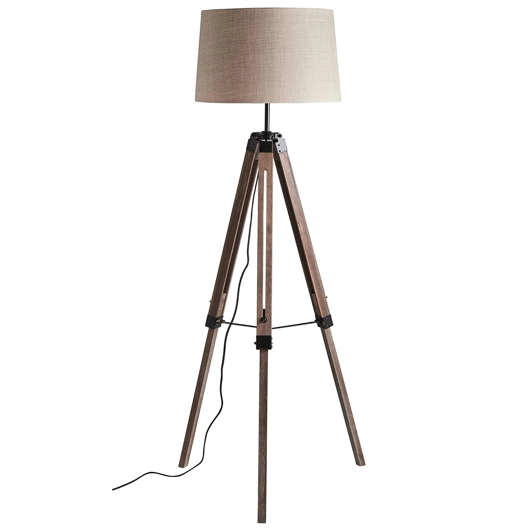 Rustic Wooden Tripod Floor Lamp with Linen Shade