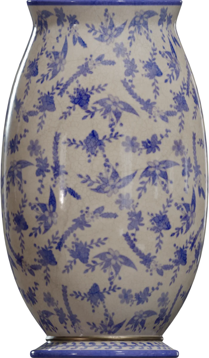 Antique Blue & White Floral Ceramic Vase, 3D model preview 2