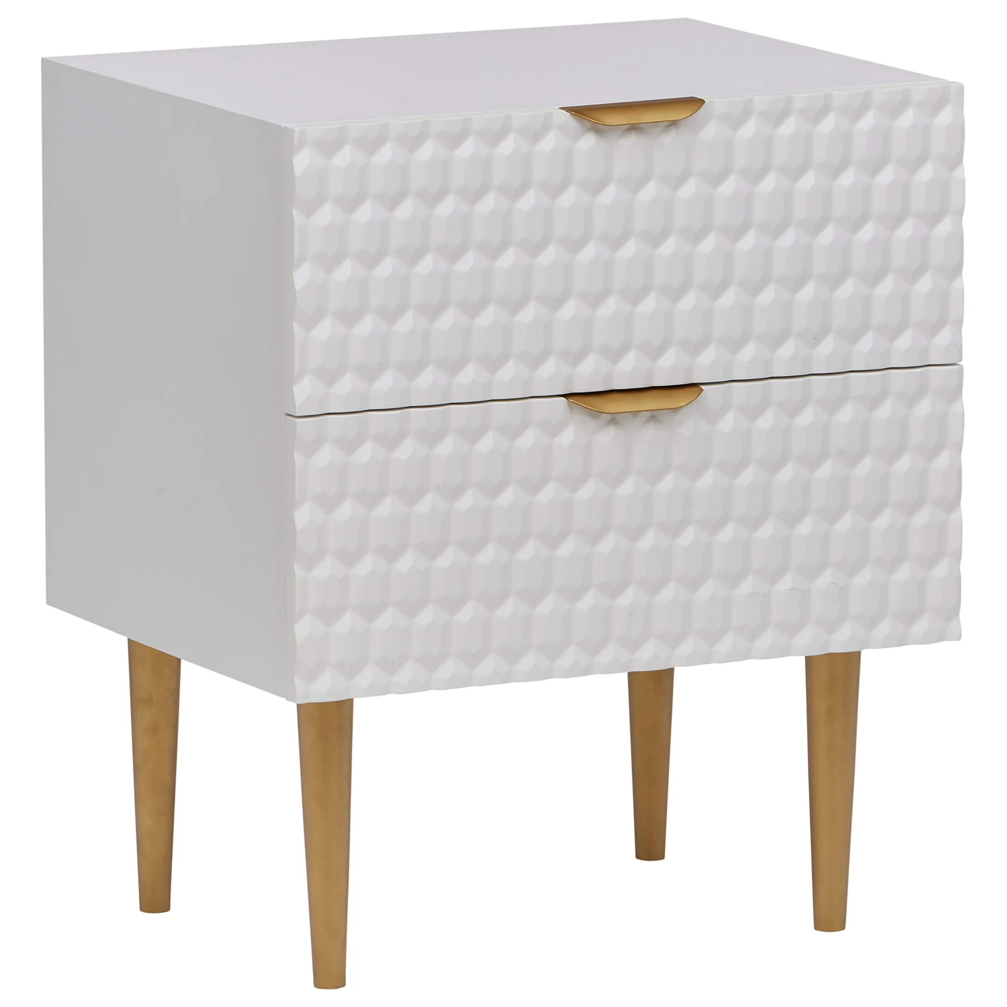 Modern White Textured Nightstand with Gold Accents