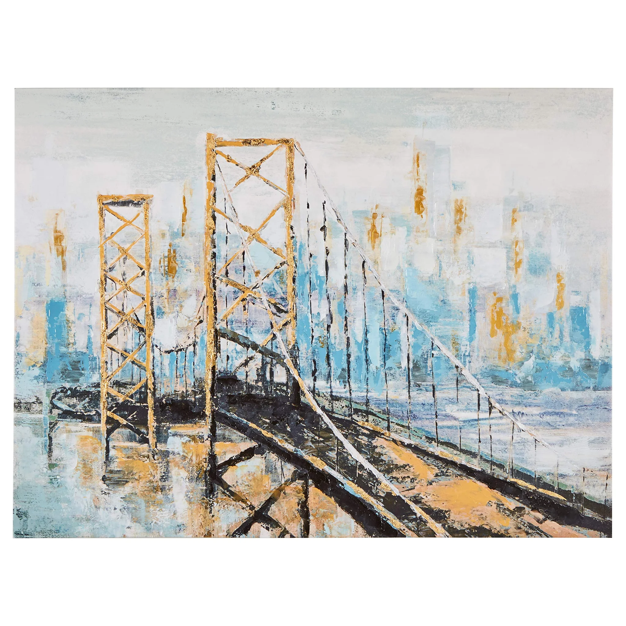 Abstract Bridge Cityscape Canvas Wall Art with Gold Leaf Detail