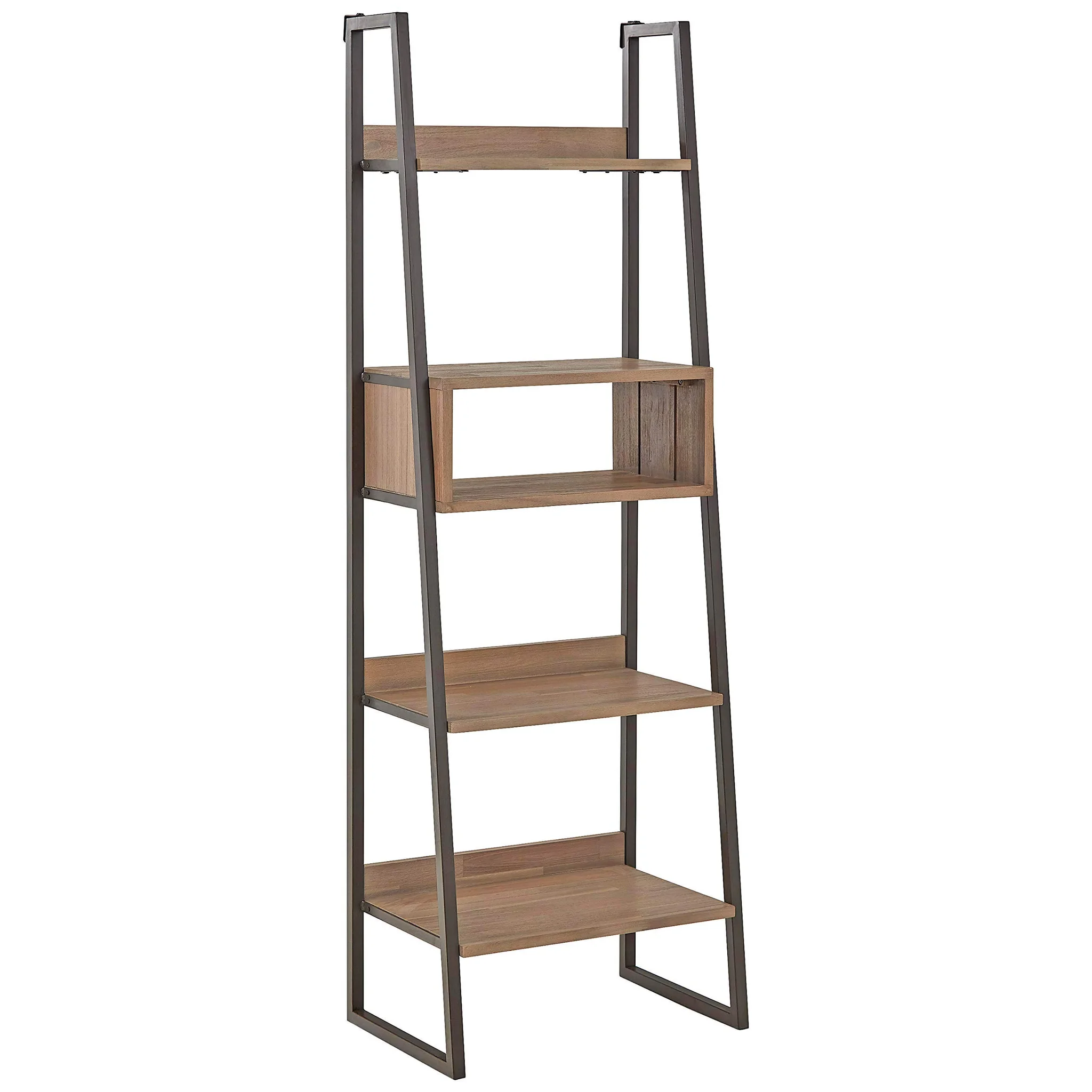 Industrial Ladder Bookcase with Acacia Wood Shelves and Metal Frame