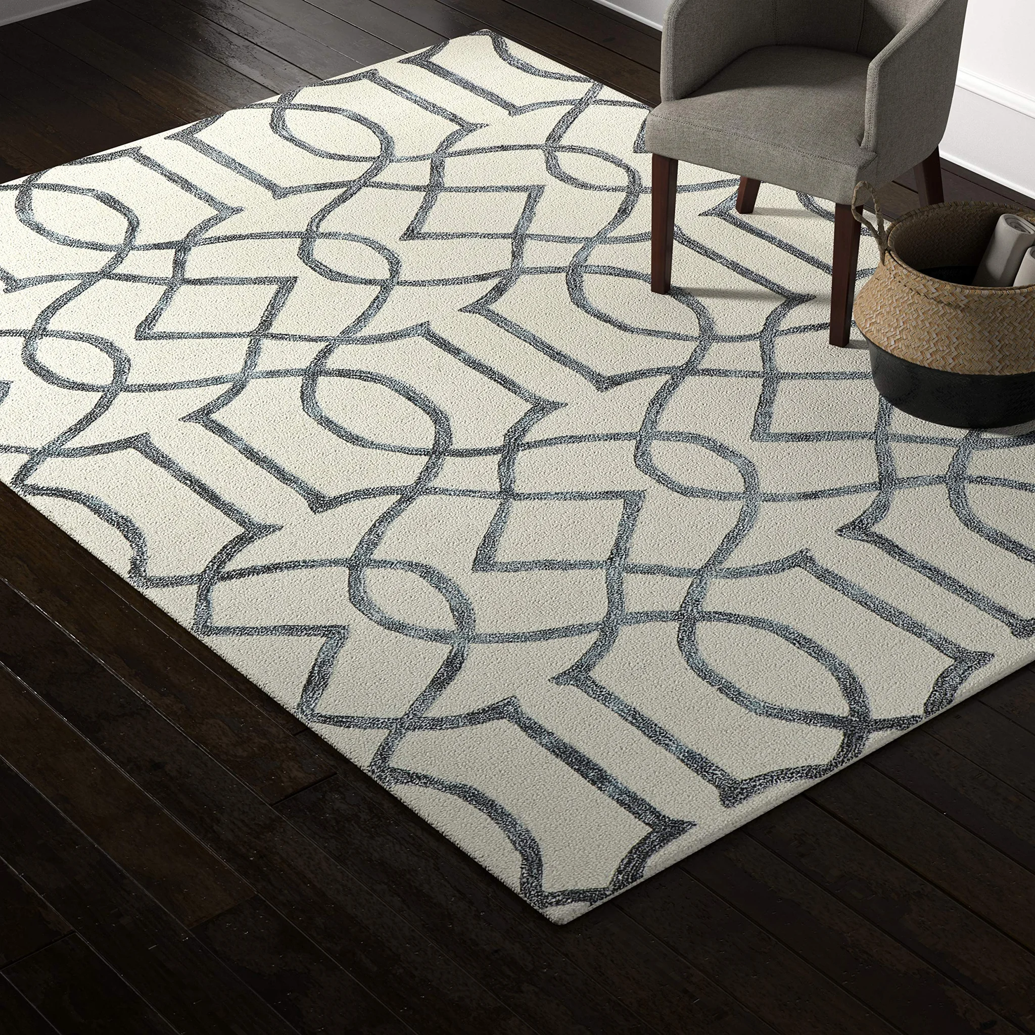 Modern Geometric Lattice Wool Area Rug – Ivory & Slate