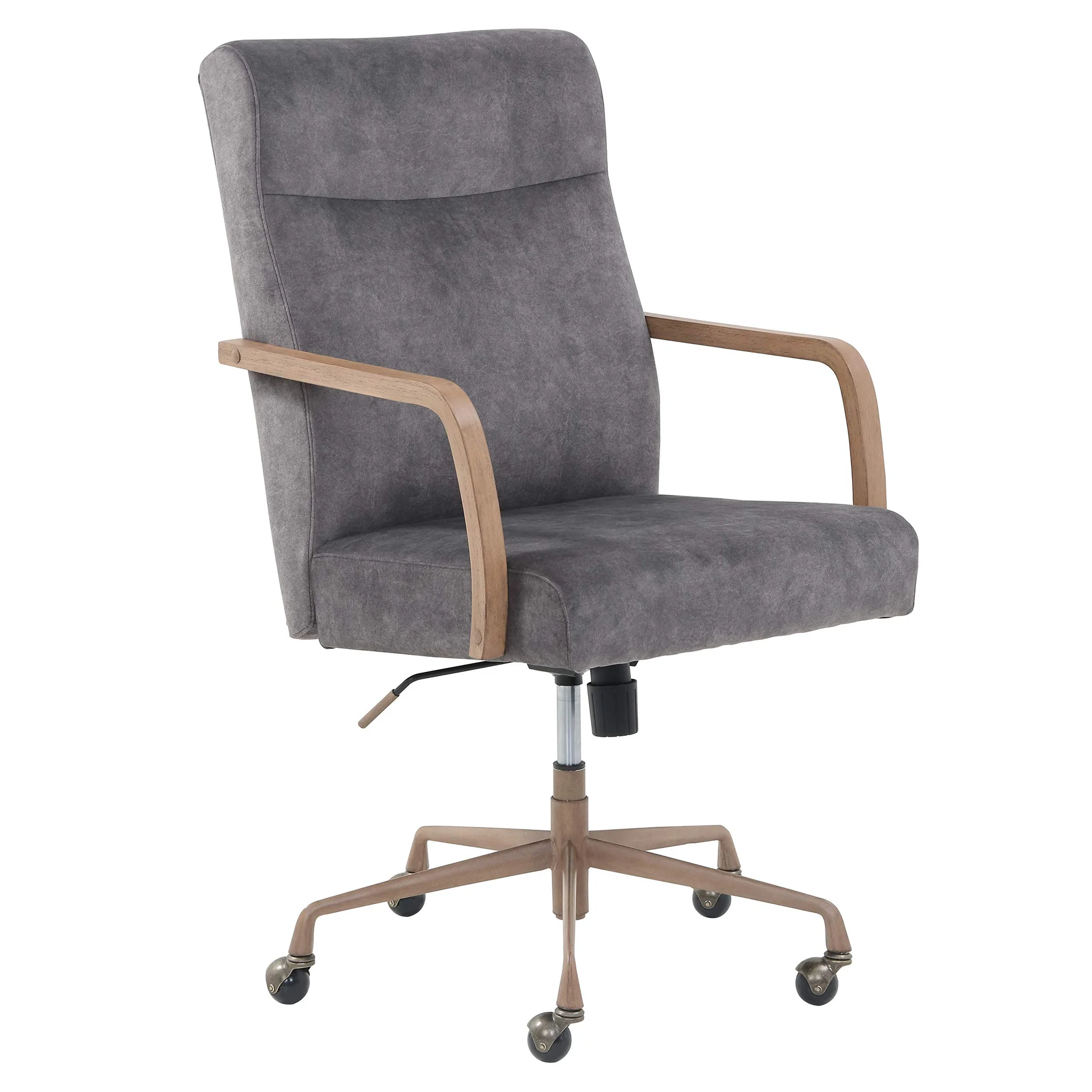 Mid-Century Modern Office Chair with Wood Armrests and Velvet Upholstery
