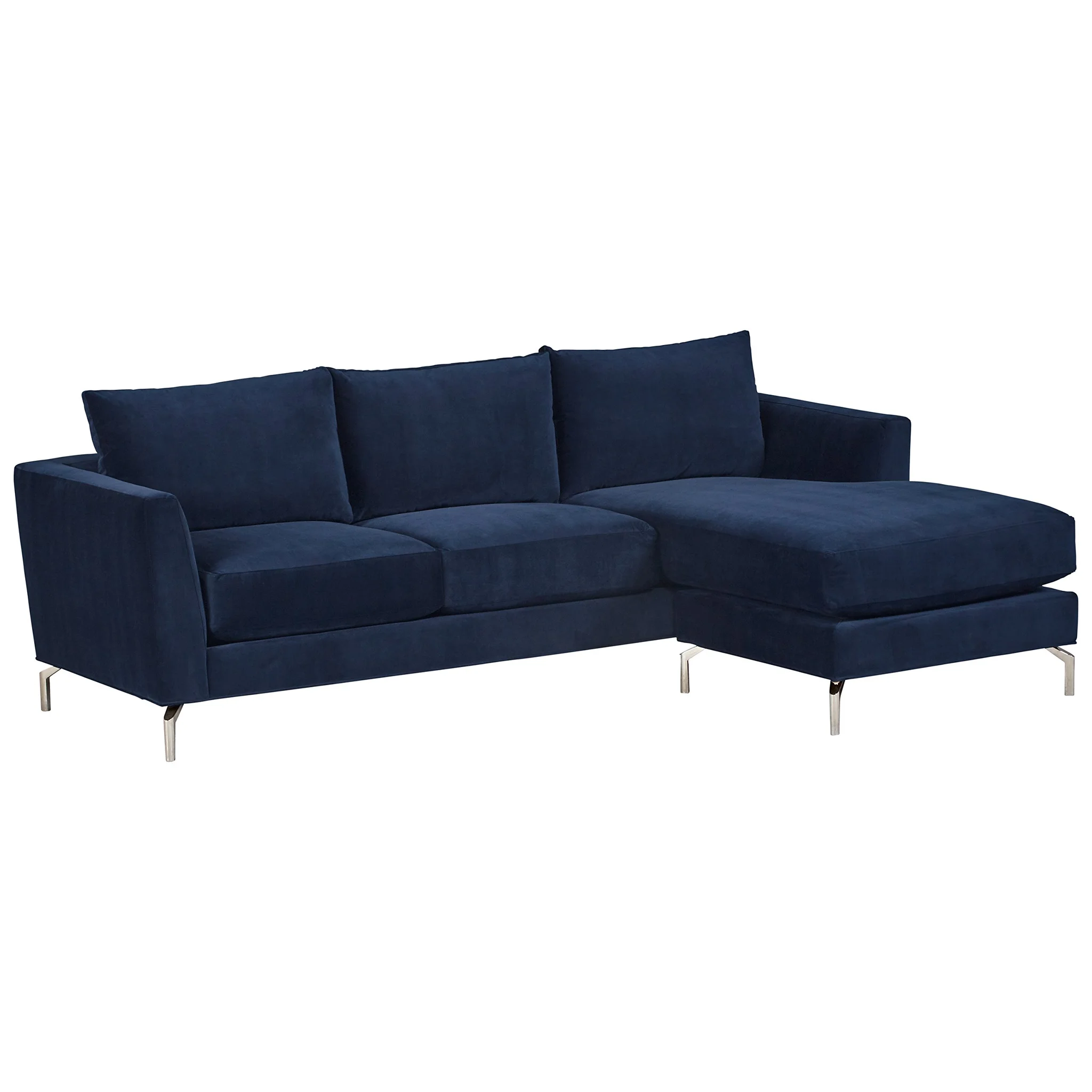 Modern Navy Velvet Sectional Sofa with Chaise and Chrome Legs