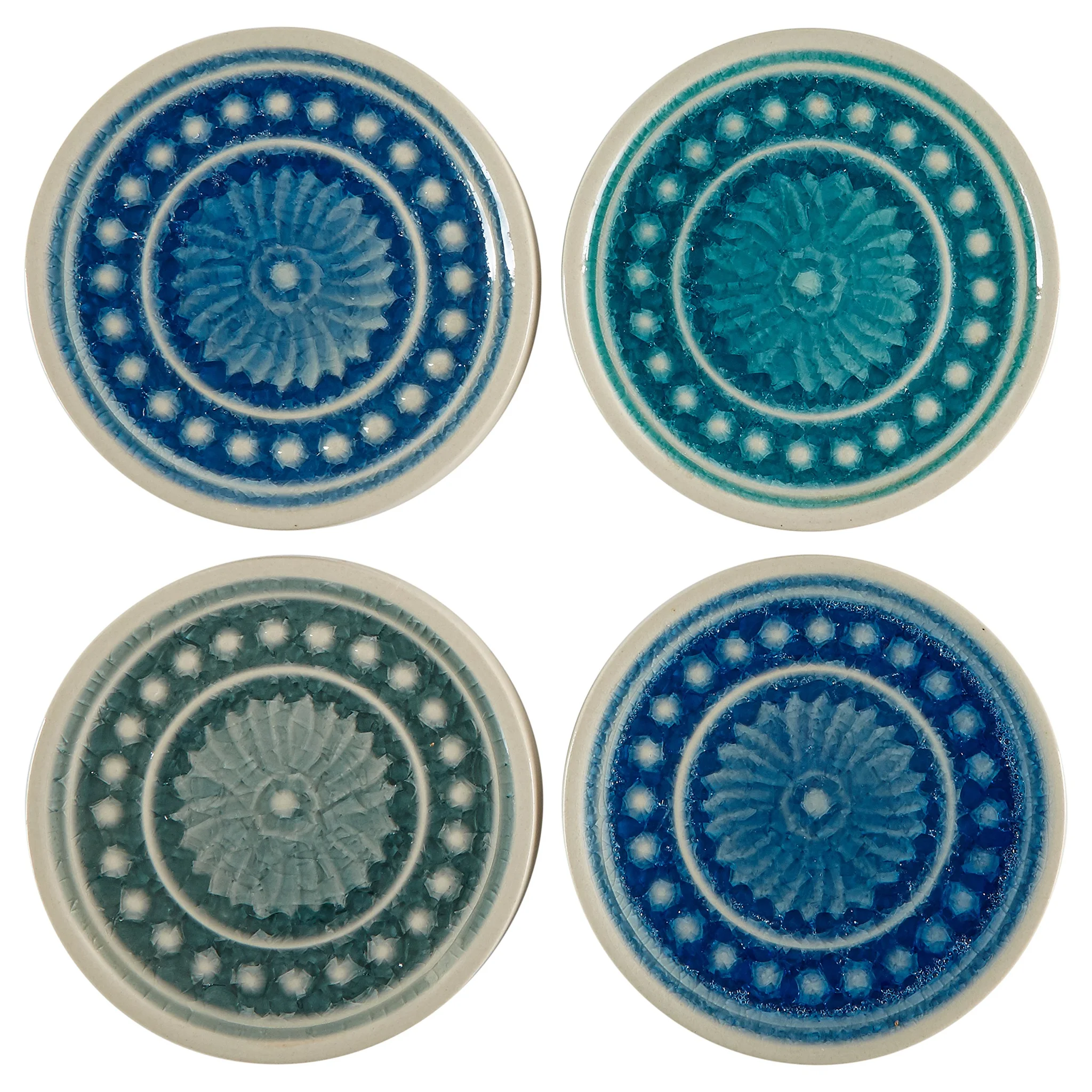 Ceramic Medallion Coaster Set of 4 – Teal & Blue Stoneware