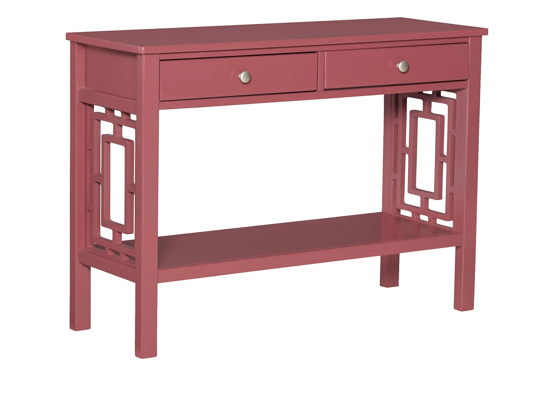 Merlot Wood Console Table with Geometric Cutout Sides and Drawers