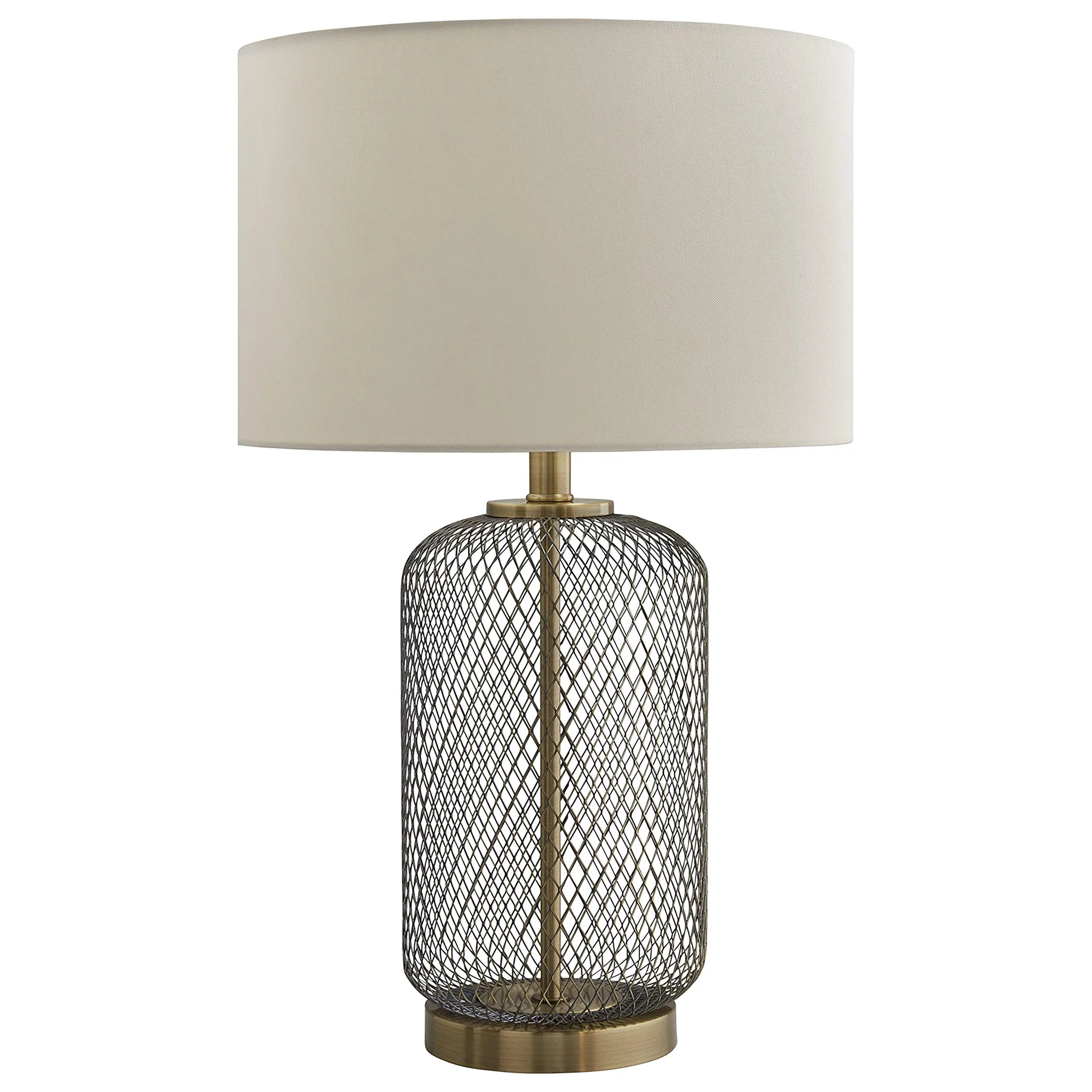 Antique Brass Mesh Table Lamp with Linen Drum Shade