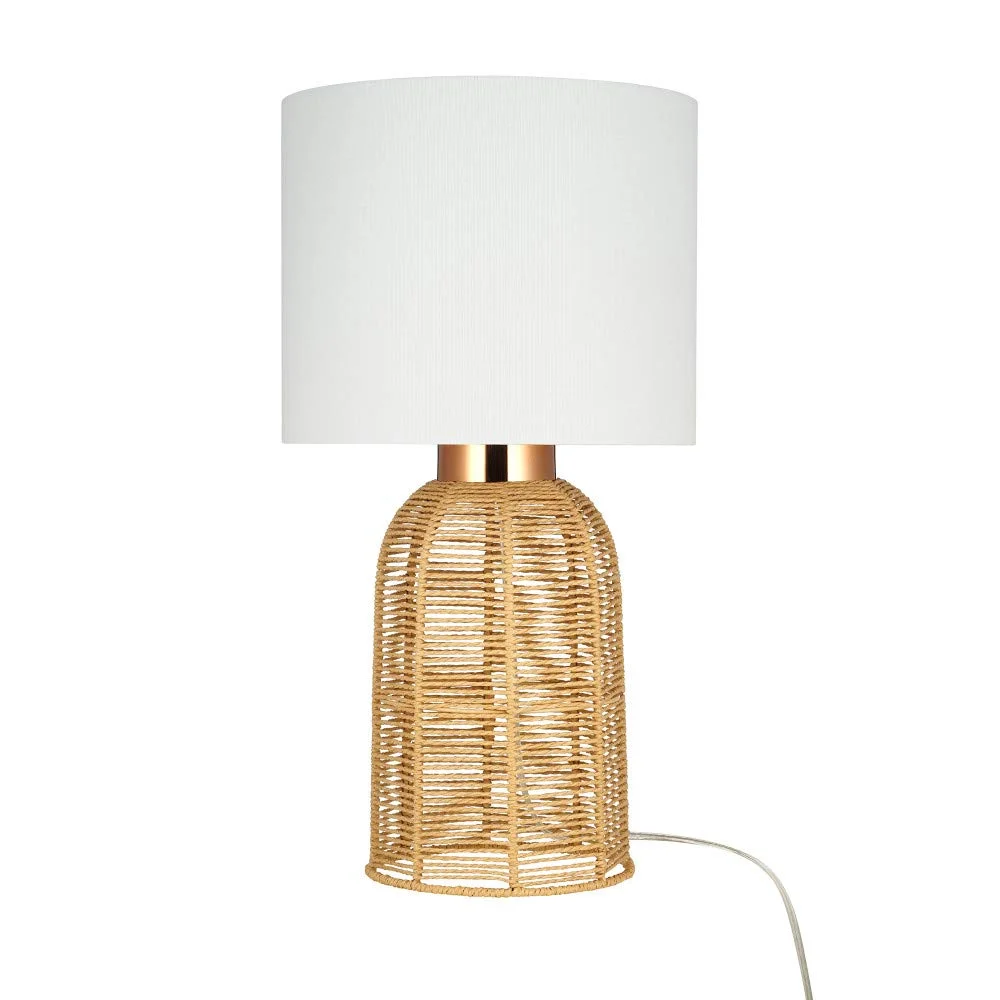 Rattan Table Lamp with White Linen Drum Shade