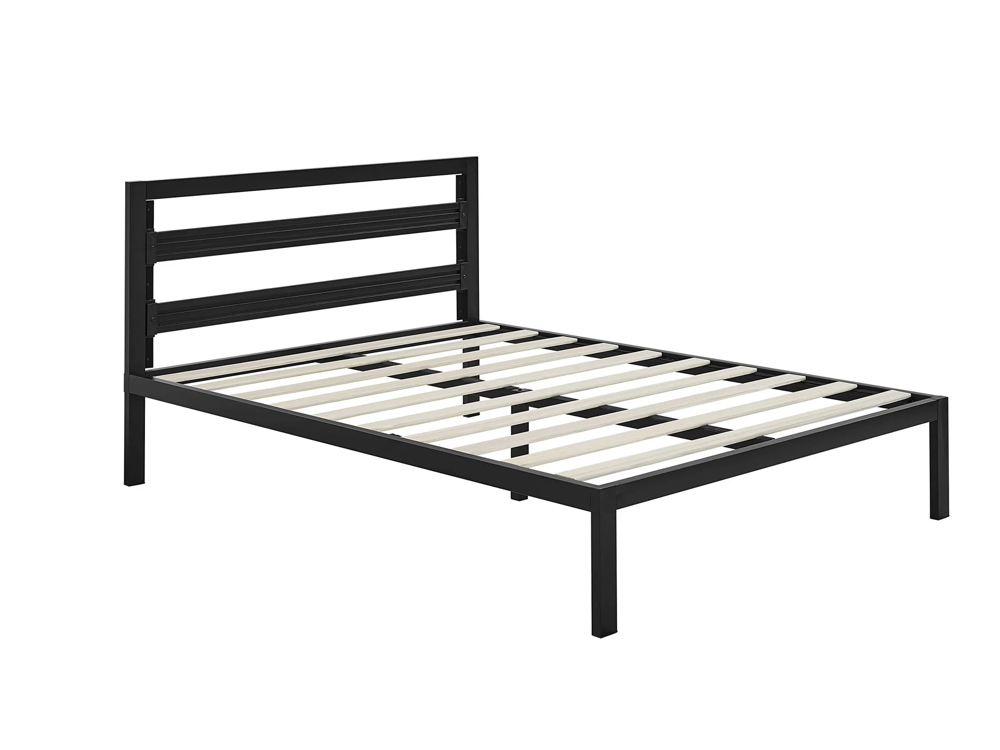 Modern Industrial Metal Bed Frame with Wood Slats and Headboard