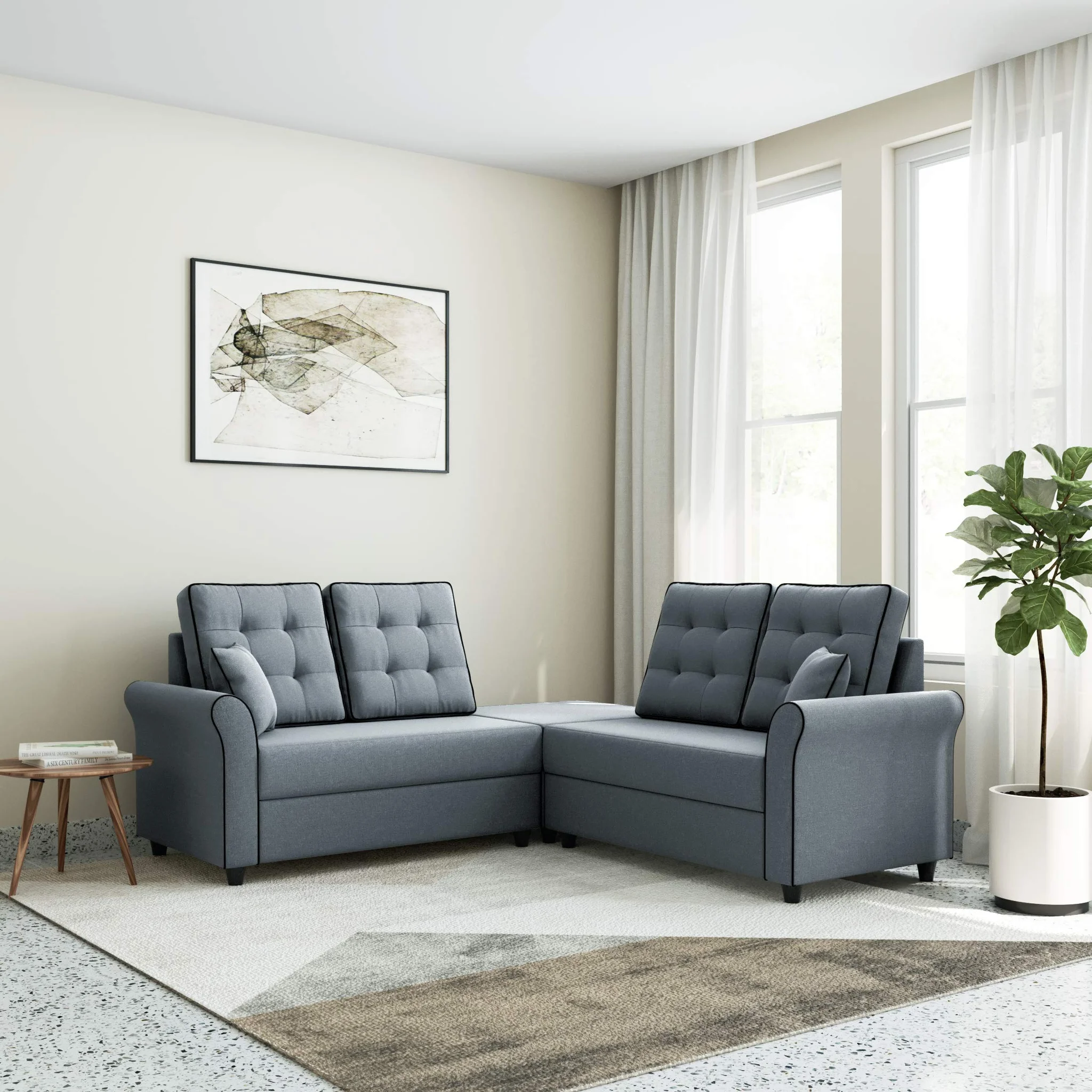 Modern L-Shaped Sectional Sofa with Tufted Upholstery – Grey Fabric