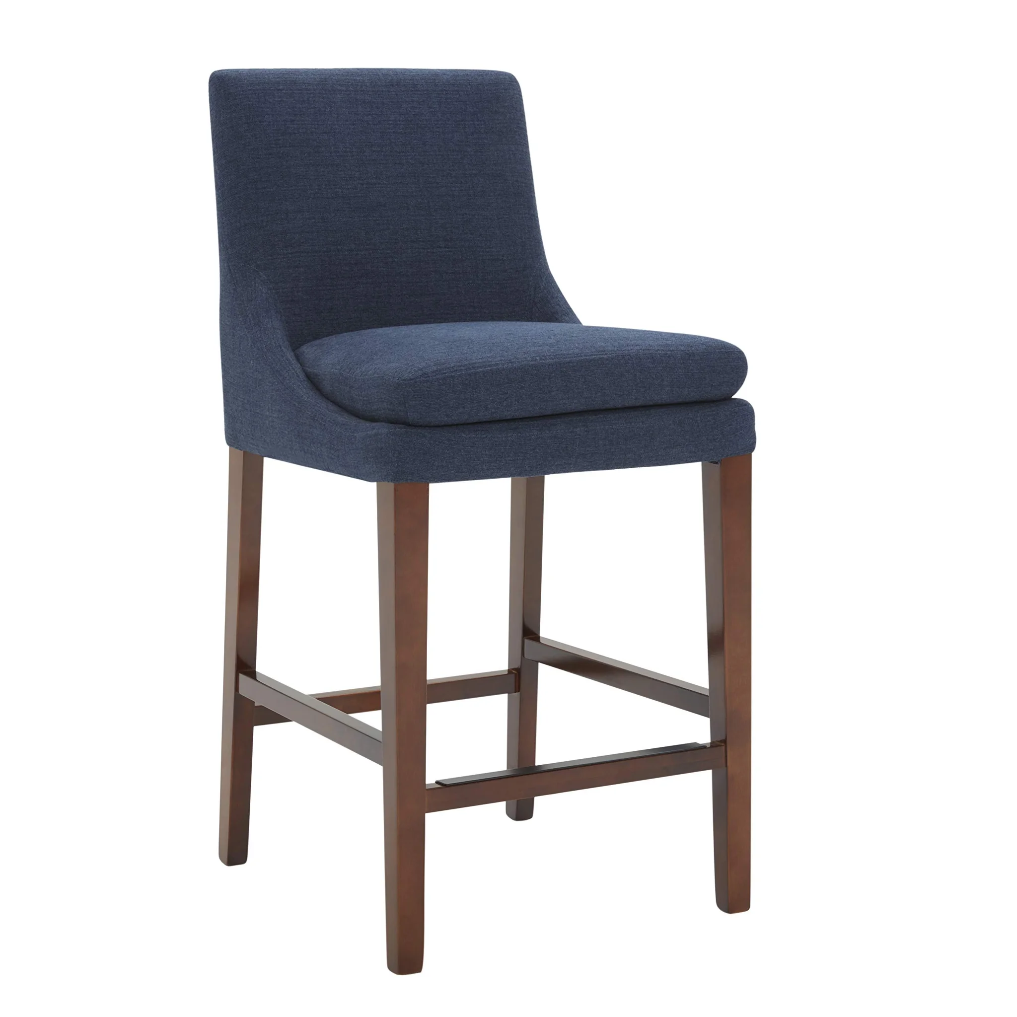 Upholstered Counter-Height Barstool – Midnight Blue Fabric with Walnut Wood Frame