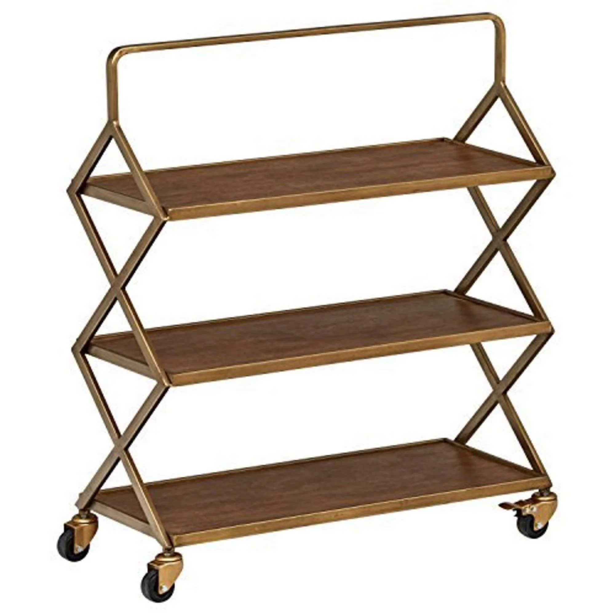 Mid-Century Modern Gold Metal & Wood 3-Tier Rolling Bar Cart