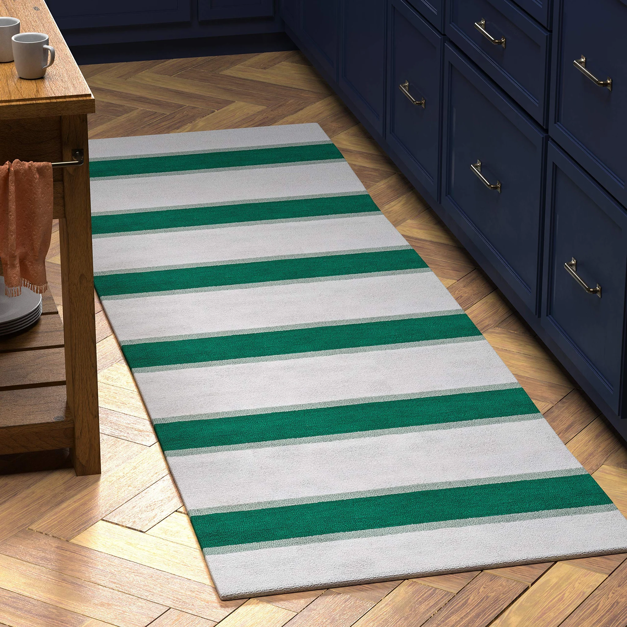 Green & White Striped Runner Rug