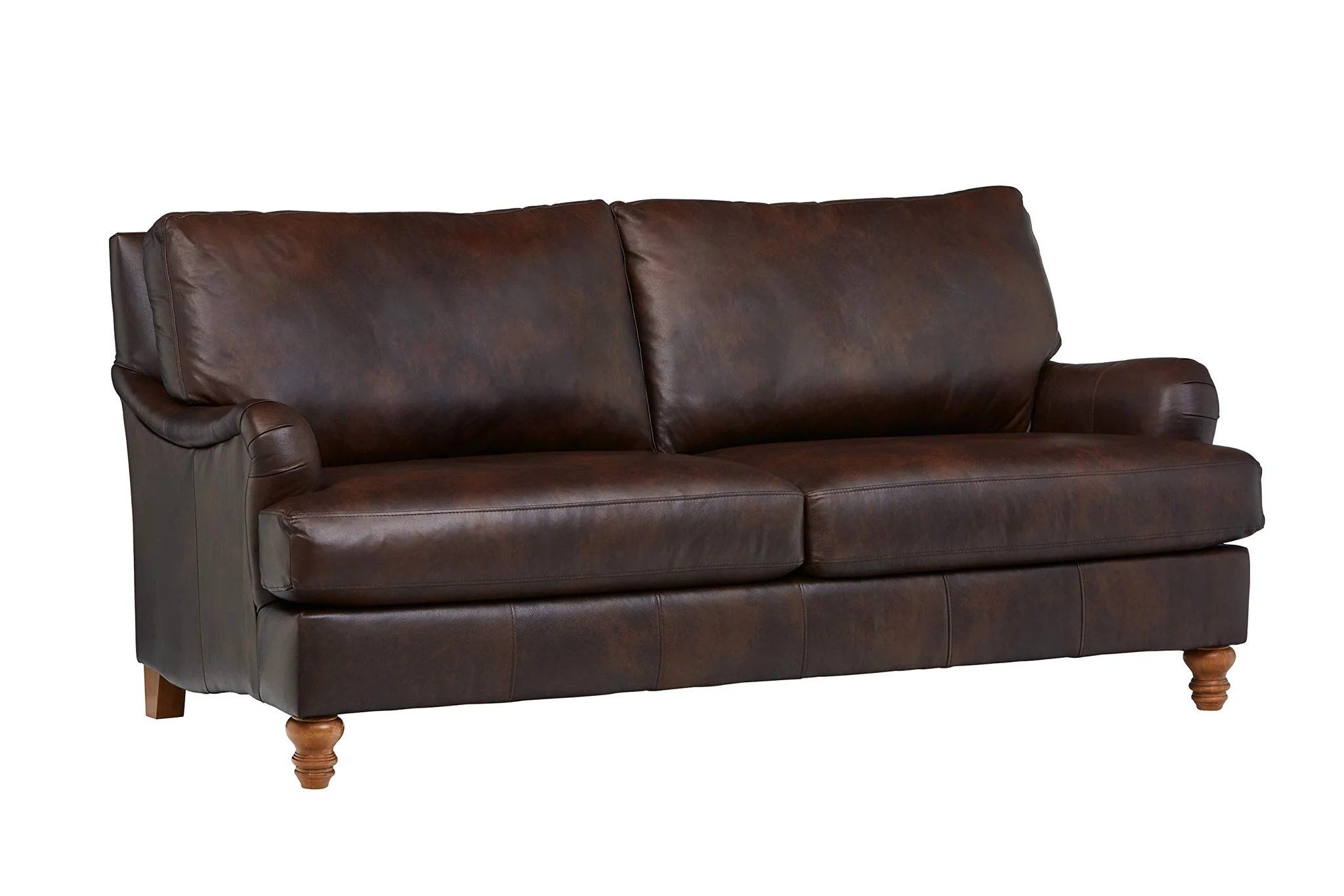 Classic Brown Leather Two-Seater Sofa with Turned Wood Legs