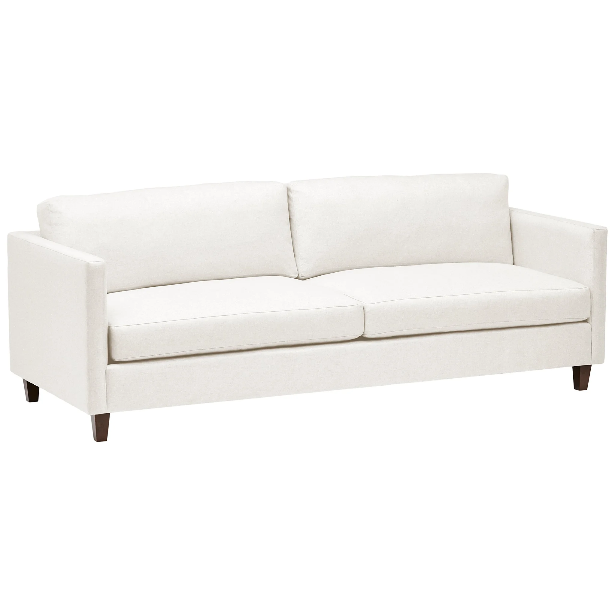 Modern White Fabric Sofa with Walnut Legs – 3-Seater Track Arm Couch