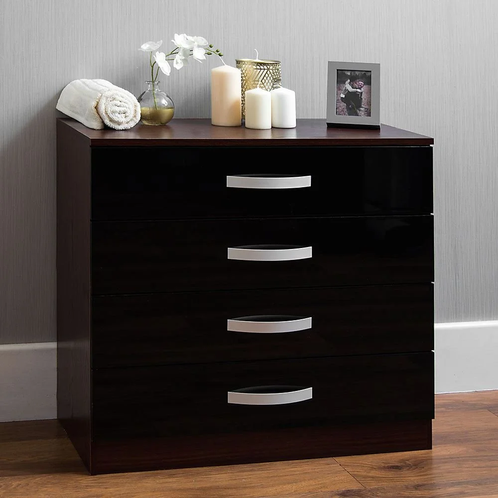 Modern High Gloss 4-Drawer Chest of Drawers - Black and Walnut