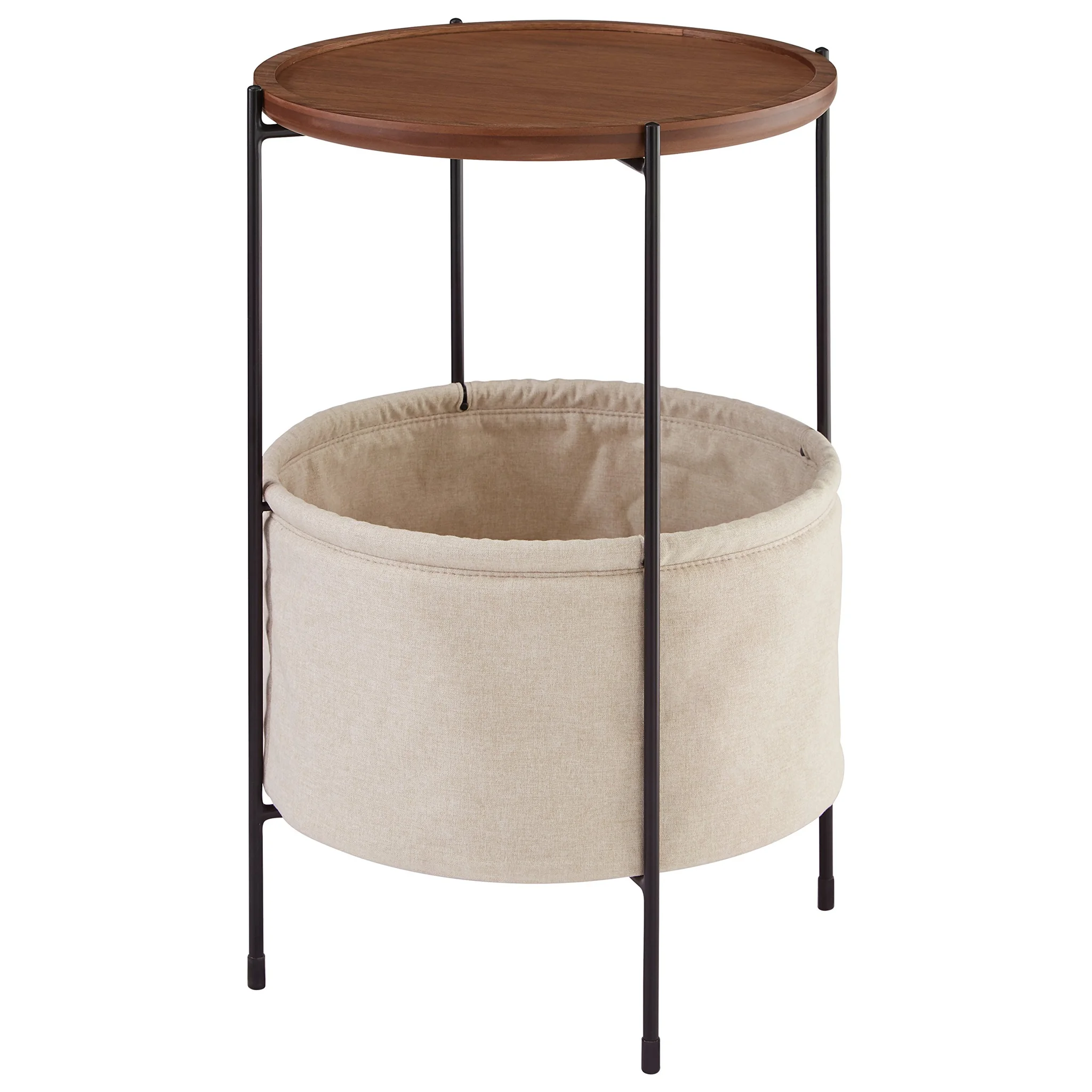 Round Side Table with Fabric Storage Basket – Walnut & Cream