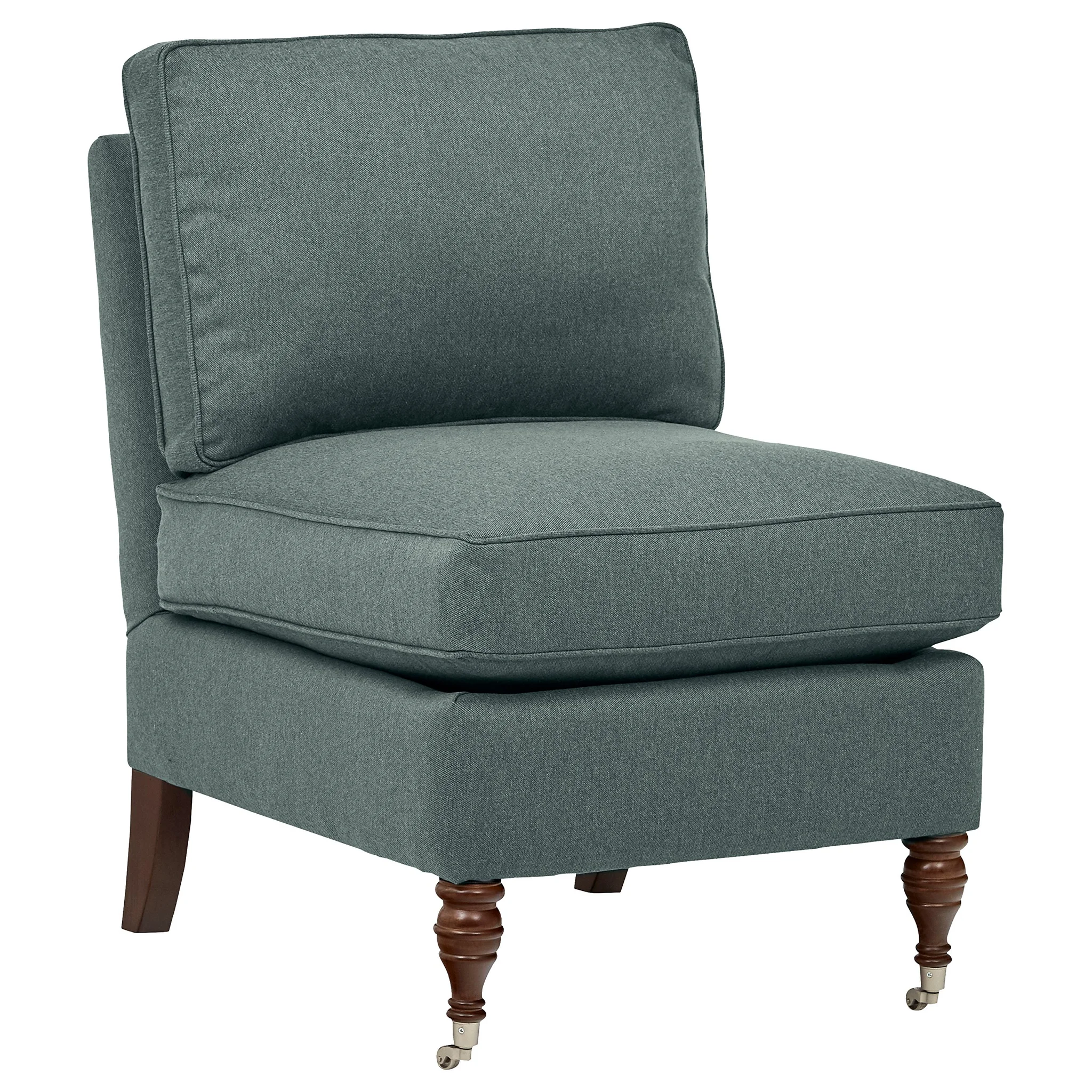 Armless Pillow-Top Accent Chair Smoky Teal Upholstery with Turned Wood Legs