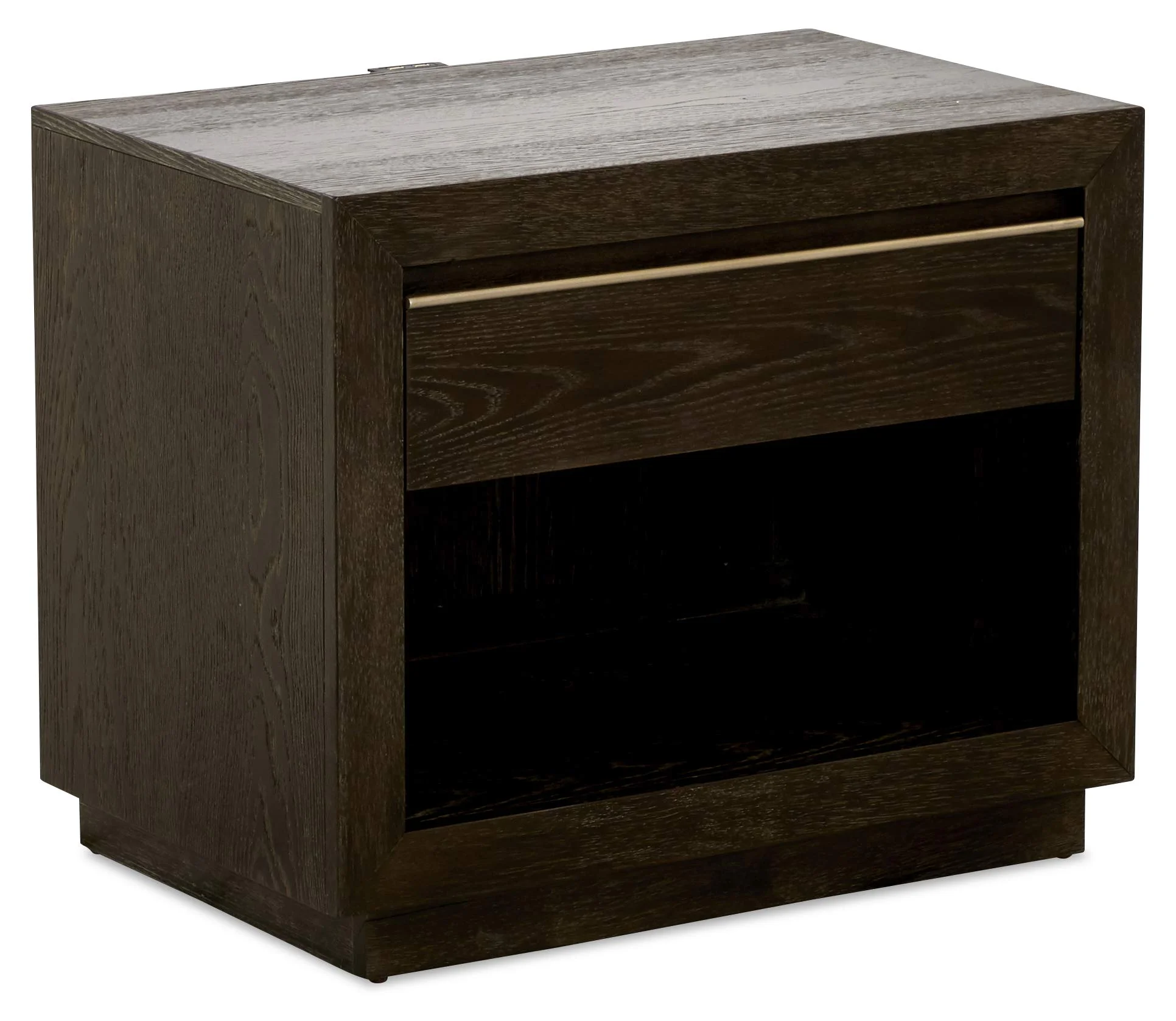 Modern Dark Oak Nightstand with Brass Handle and Open Shelf