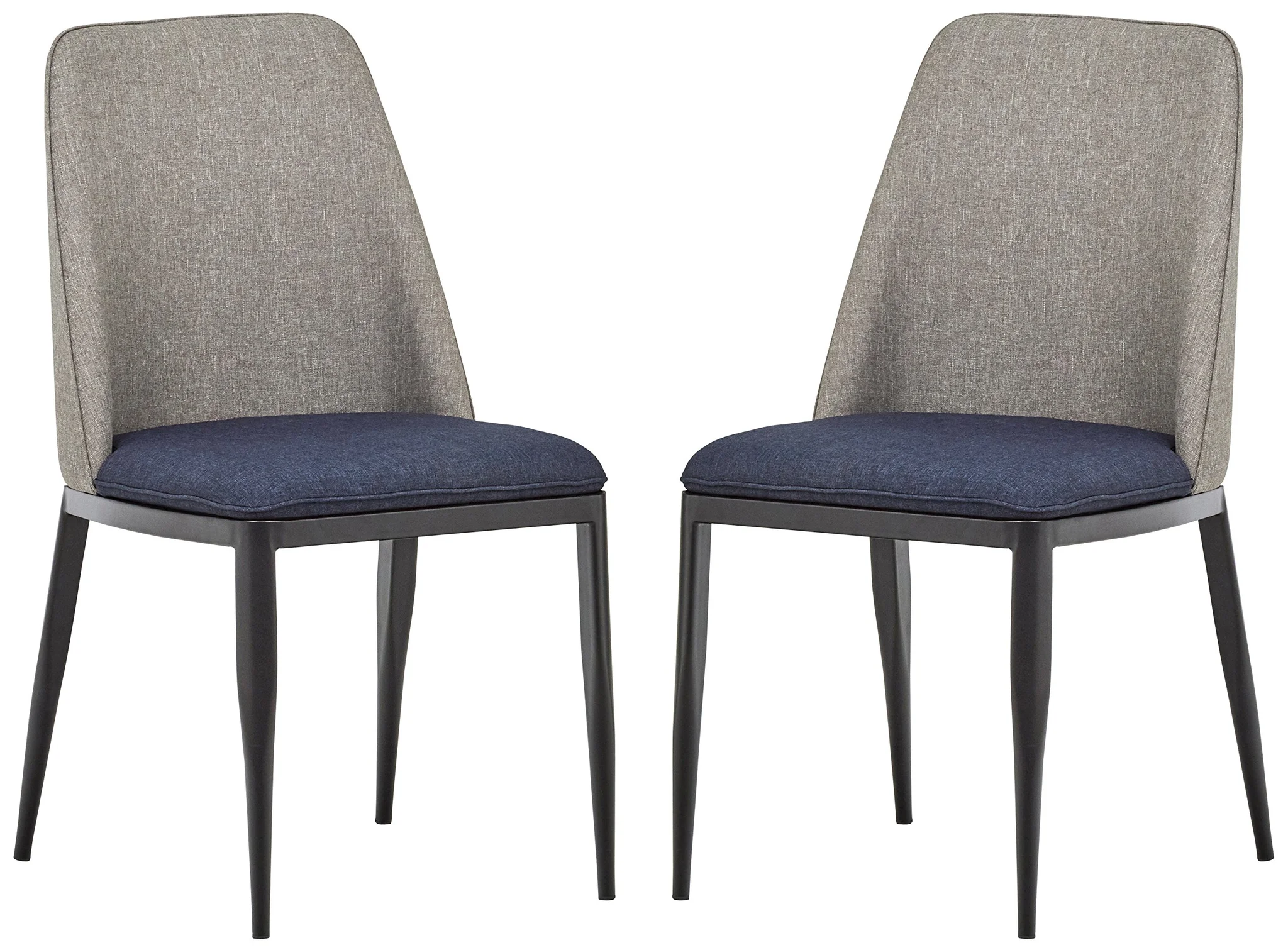 Mid-Century Modern Two-Tone Dining Chair Set – Grey & Navy Blue Fabric with Black Metal Legs
