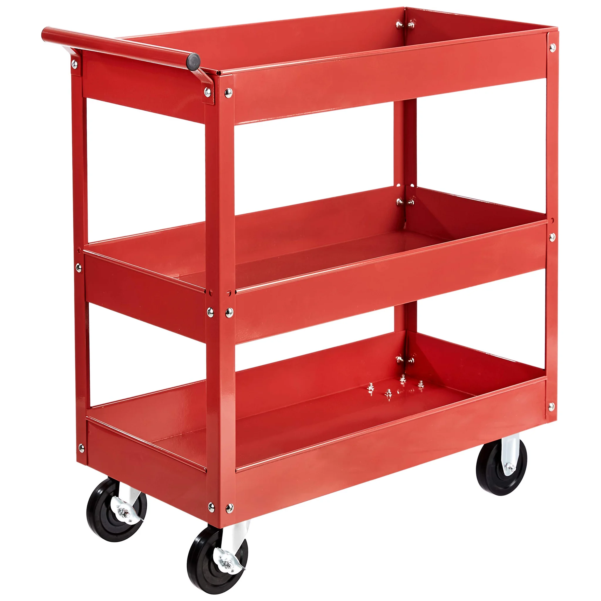 Red Steel 3-Shelf Utility Cart with Swivel Casters
