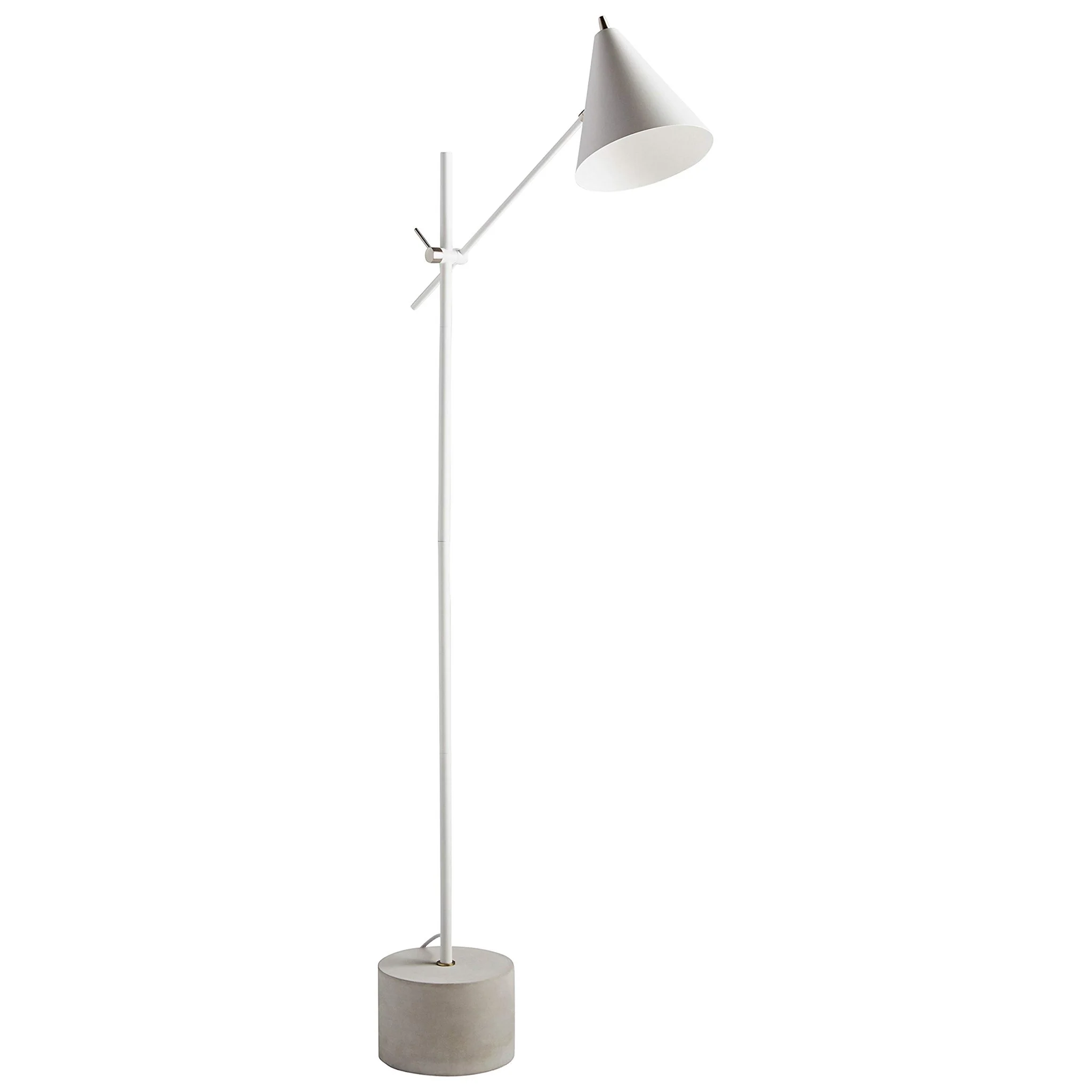 Mid-Century Modern Concrete Base Floor Lamp – Matte White Metal Cone Shade