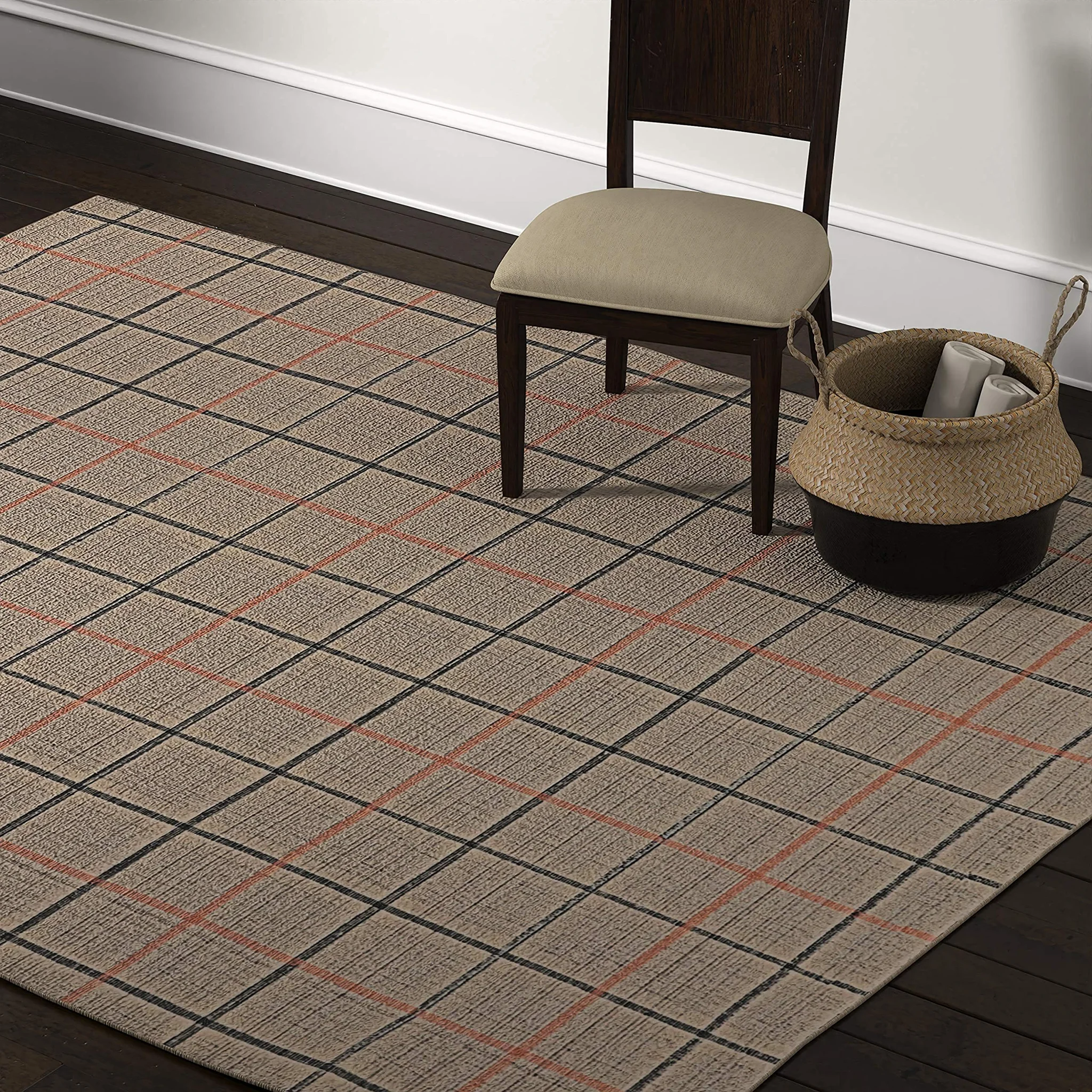 Flatweave Plaid Area Rug Grey Ivory Red Accent