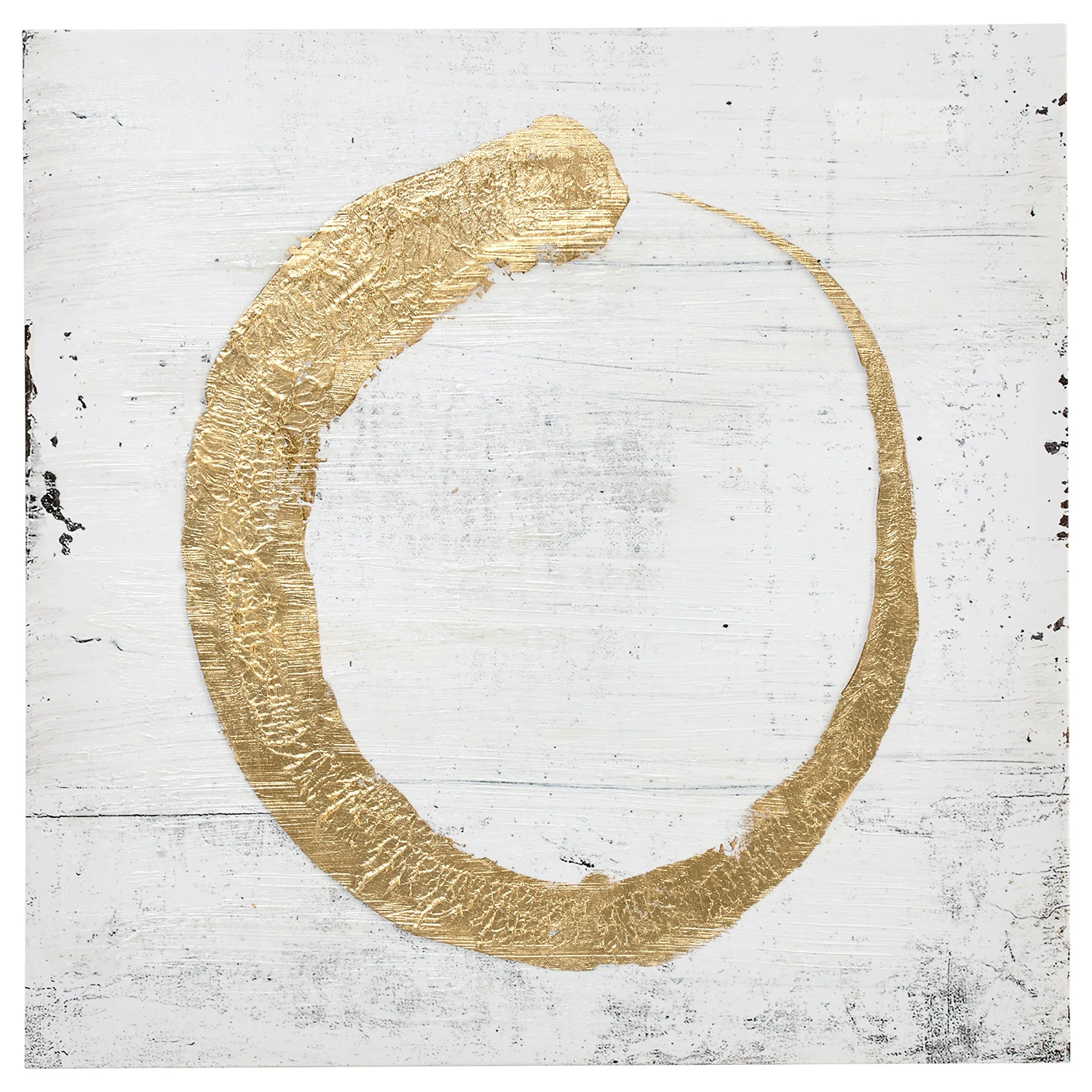 Abstract Gold Halo Circle Painting on Distressed White Canvas