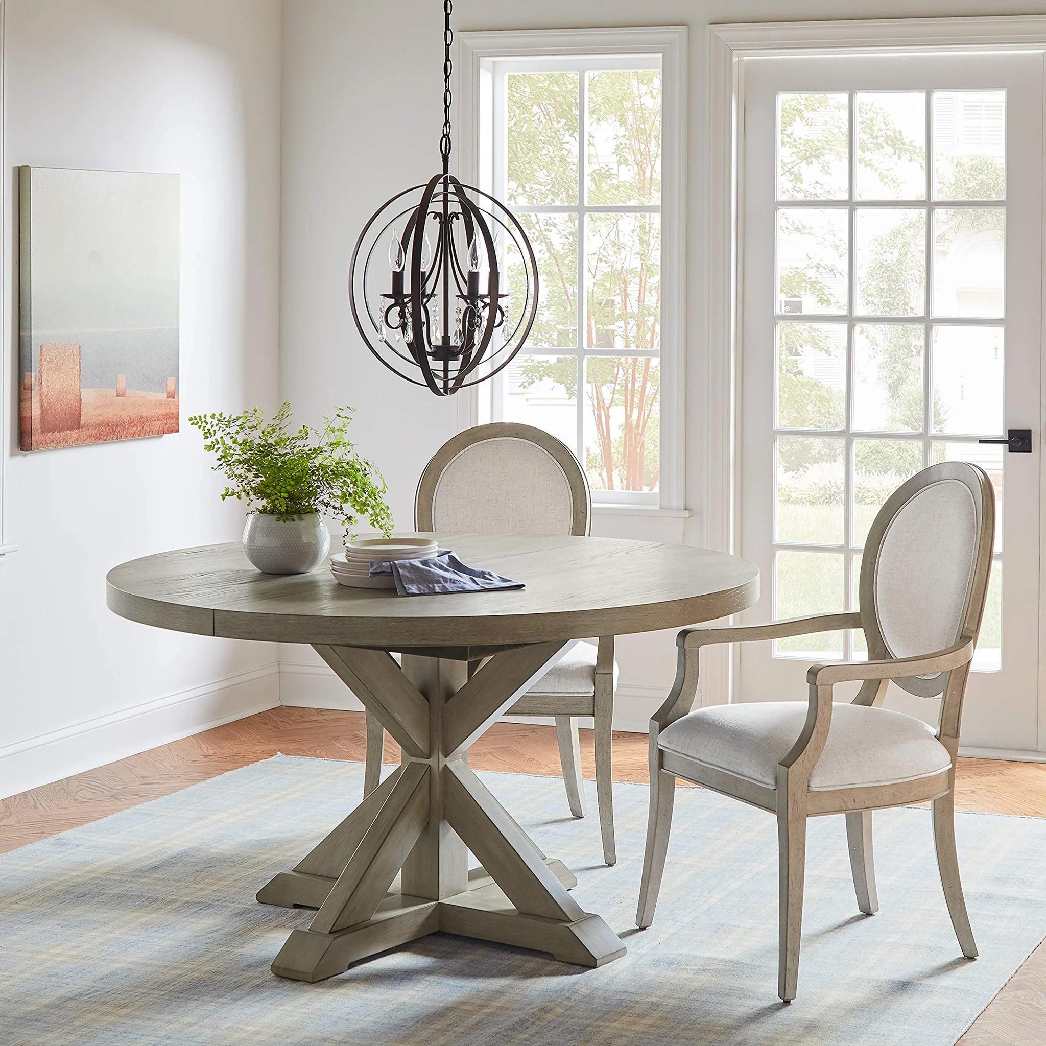 Farmhouse Round Pedestal Dining Table with Upholstered Chairs Set