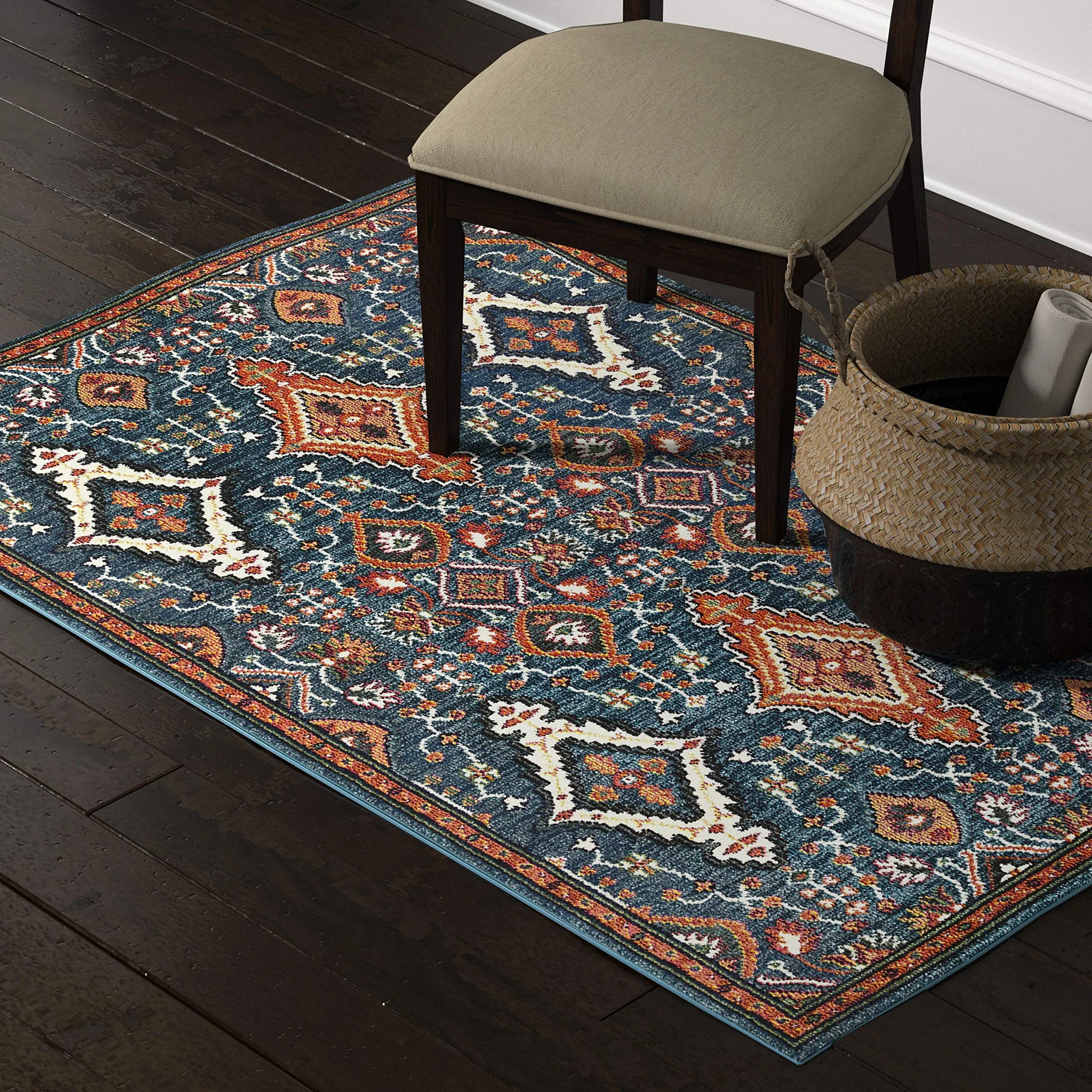 Persian-Style Southwestern Area Rug – Blue Orange Bohemian Floor Rug