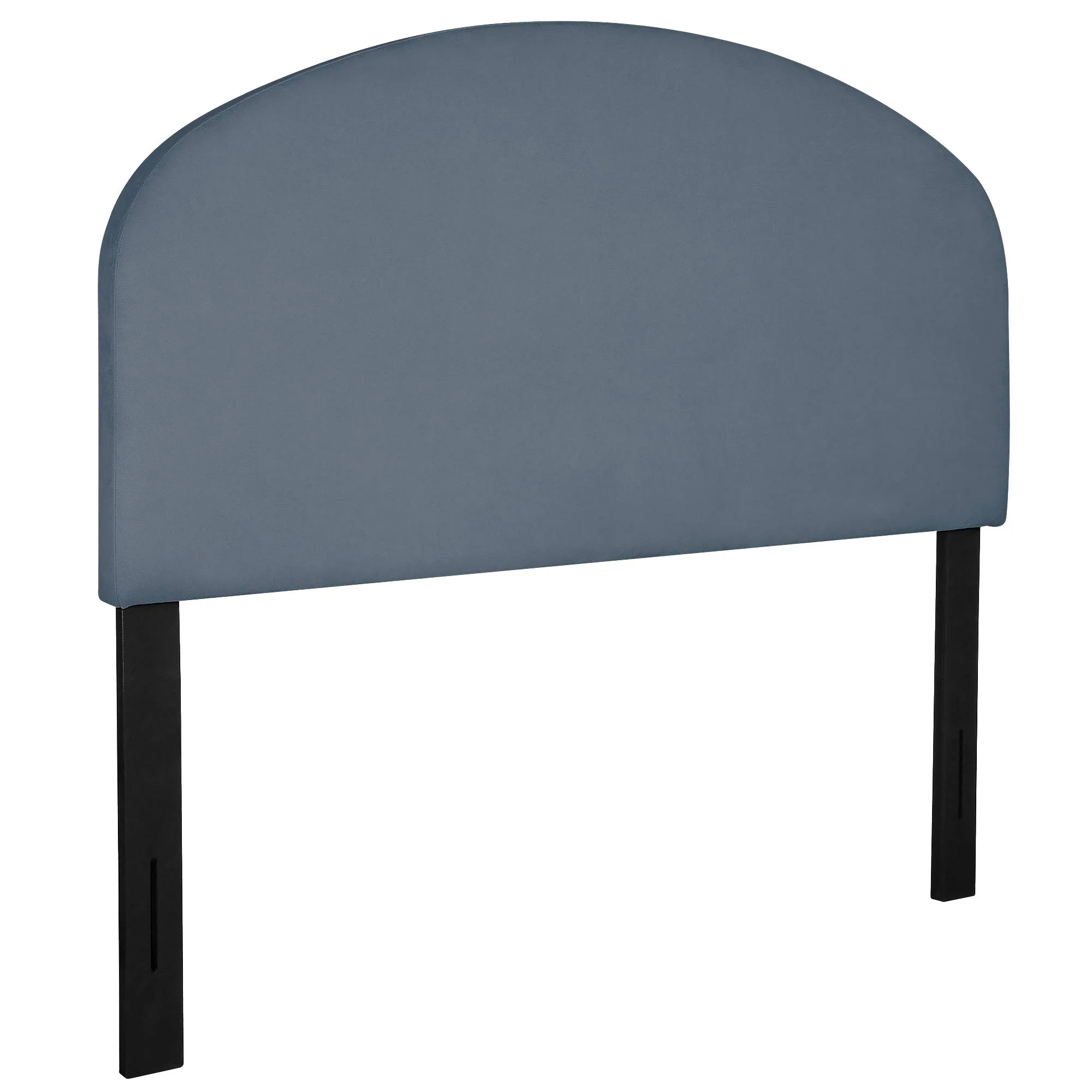 Curved Upholstered Bed Headboard – Blue Fabric with Black Legs