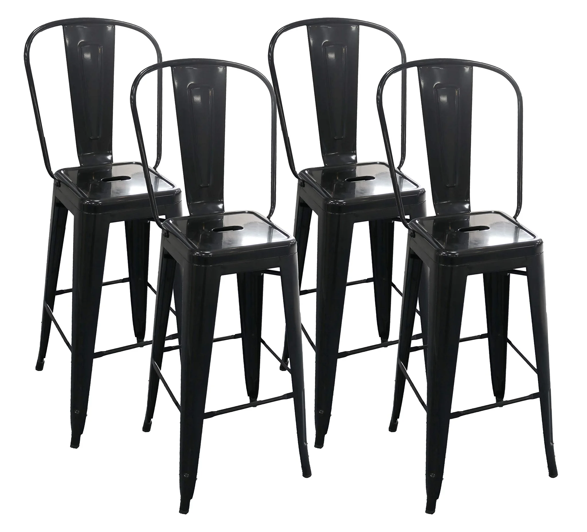 Black Metal Industrial Bar Stool Set of 4 with High Back