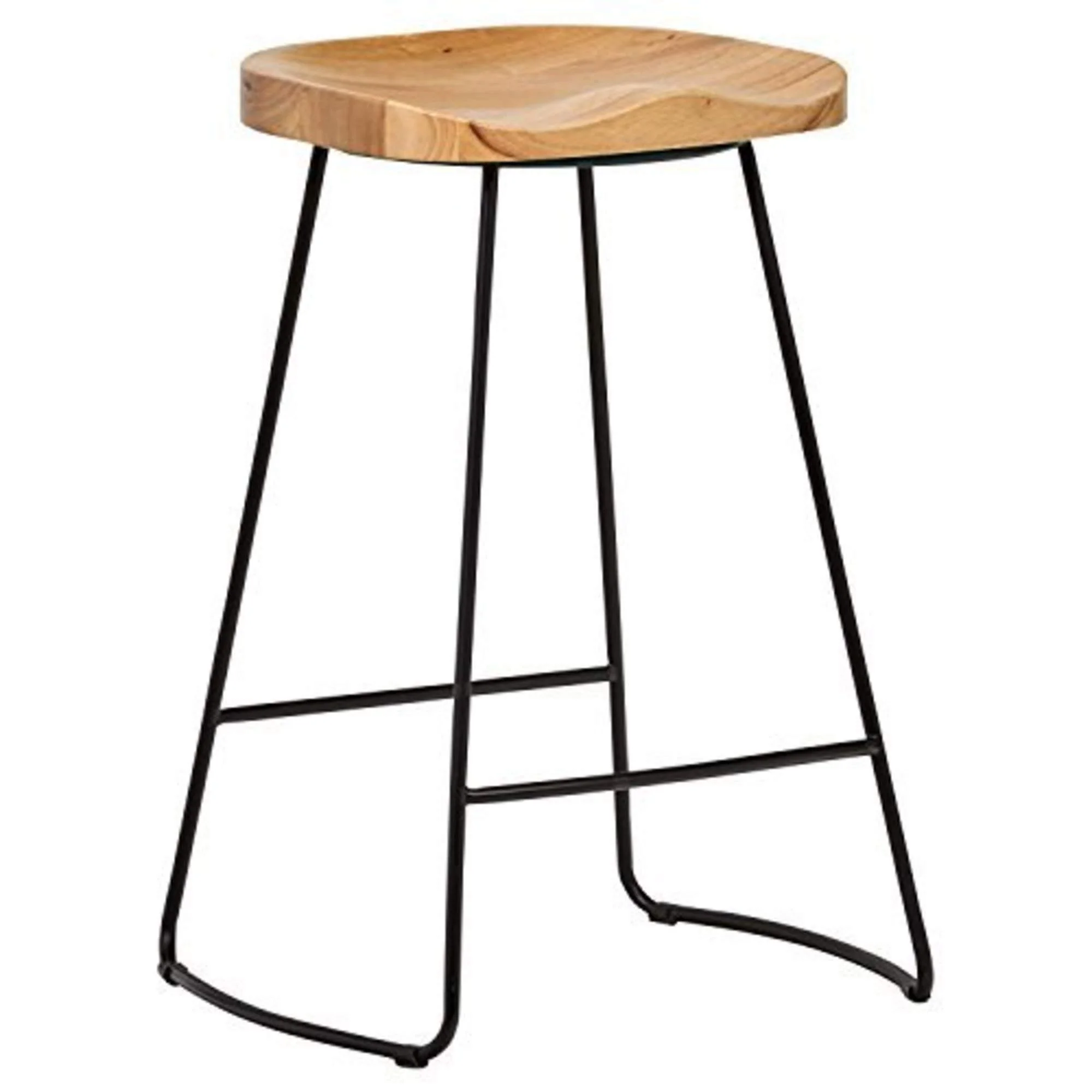 Industrial Wood and Metal Bar Stool with Oak Seat