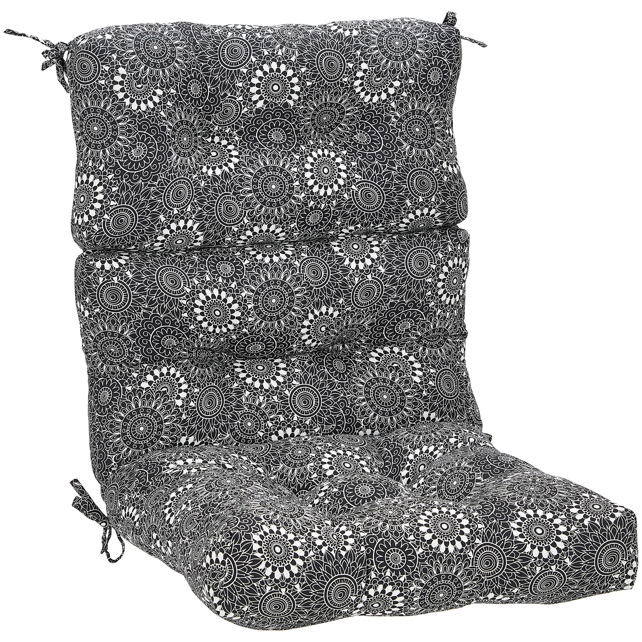 Tufted High-Back Patio Chair Cushion – Black Floral Mandala Pattern