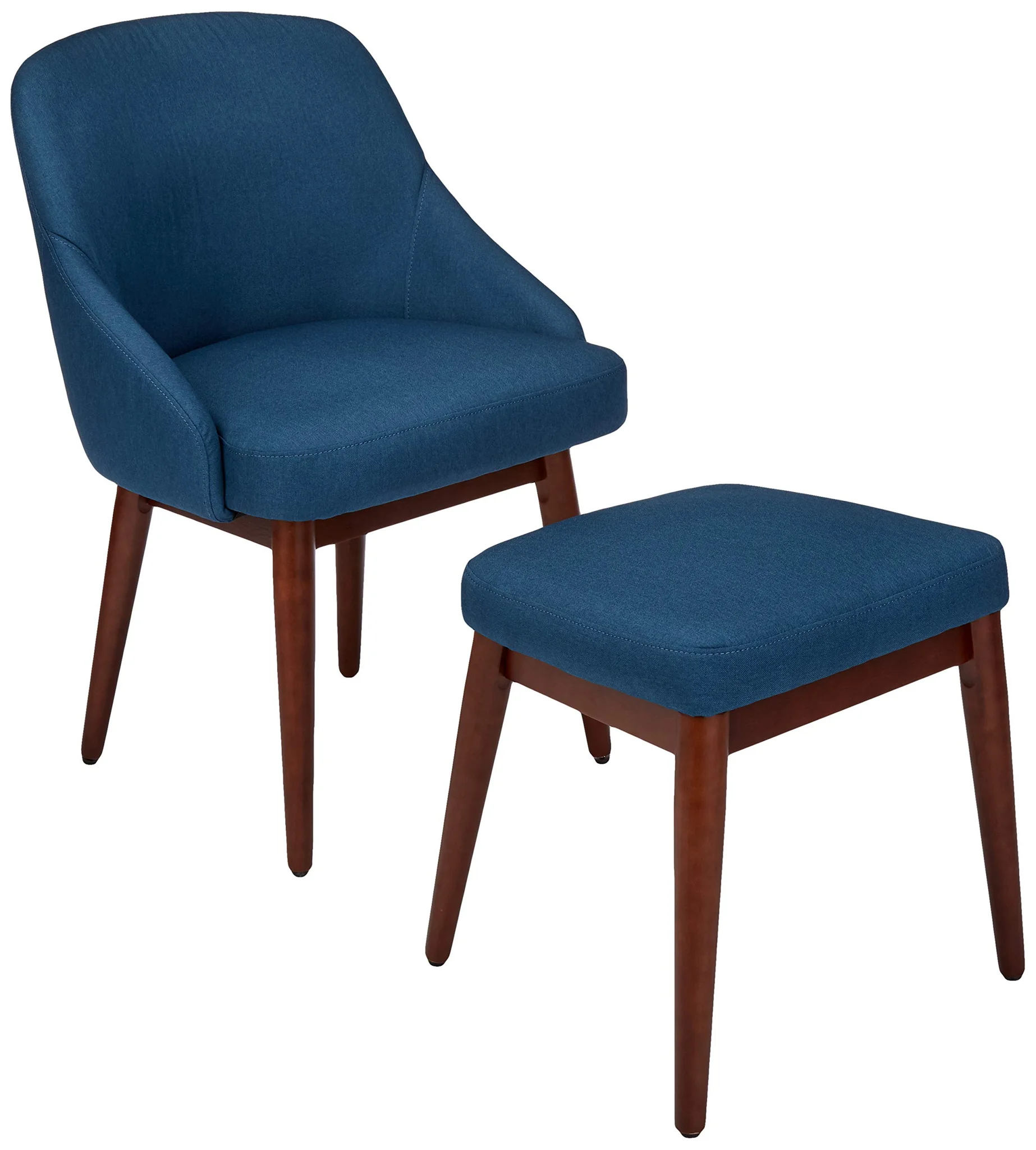 Mid-Century Accent Chair with Ottoman Set – Navy Blue Fabric & Walnut Legs
