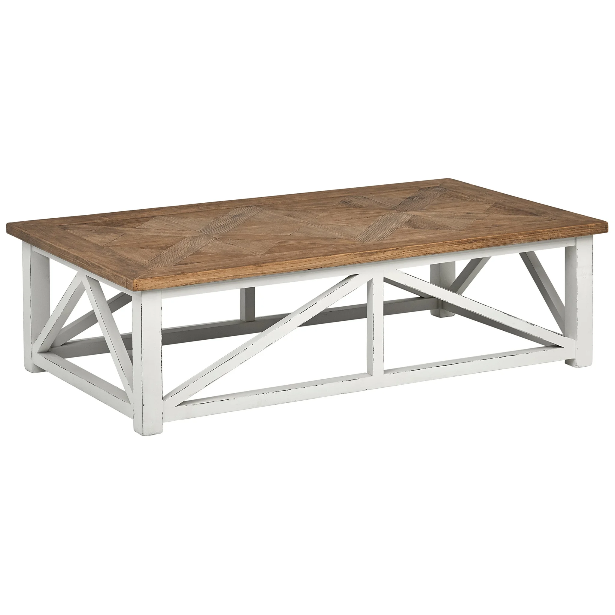 Farmhouse Coffee Table with Parquet Top and Distressed White Base