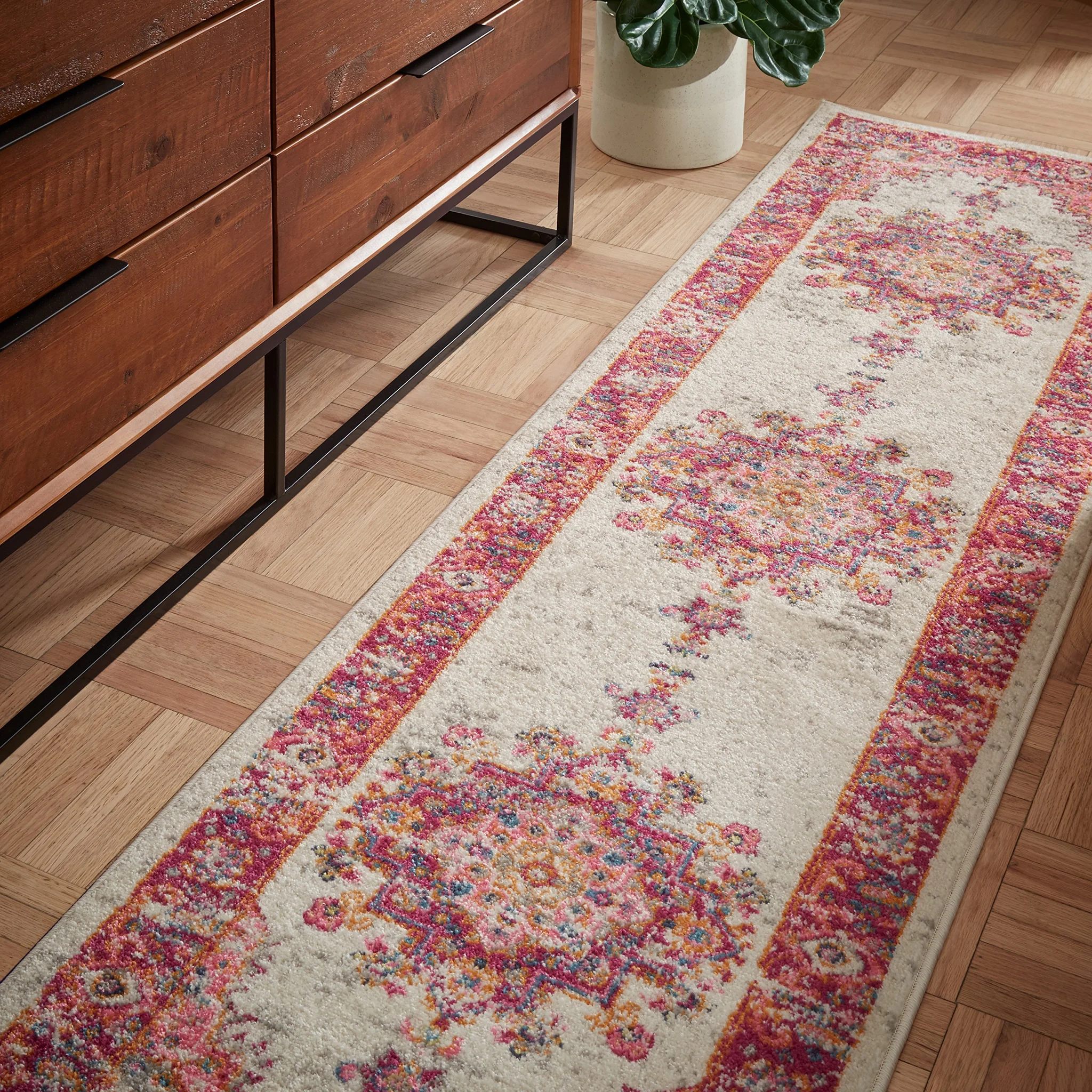 Persian Runner Rug Vintage Boho Style Pink Multicolor
