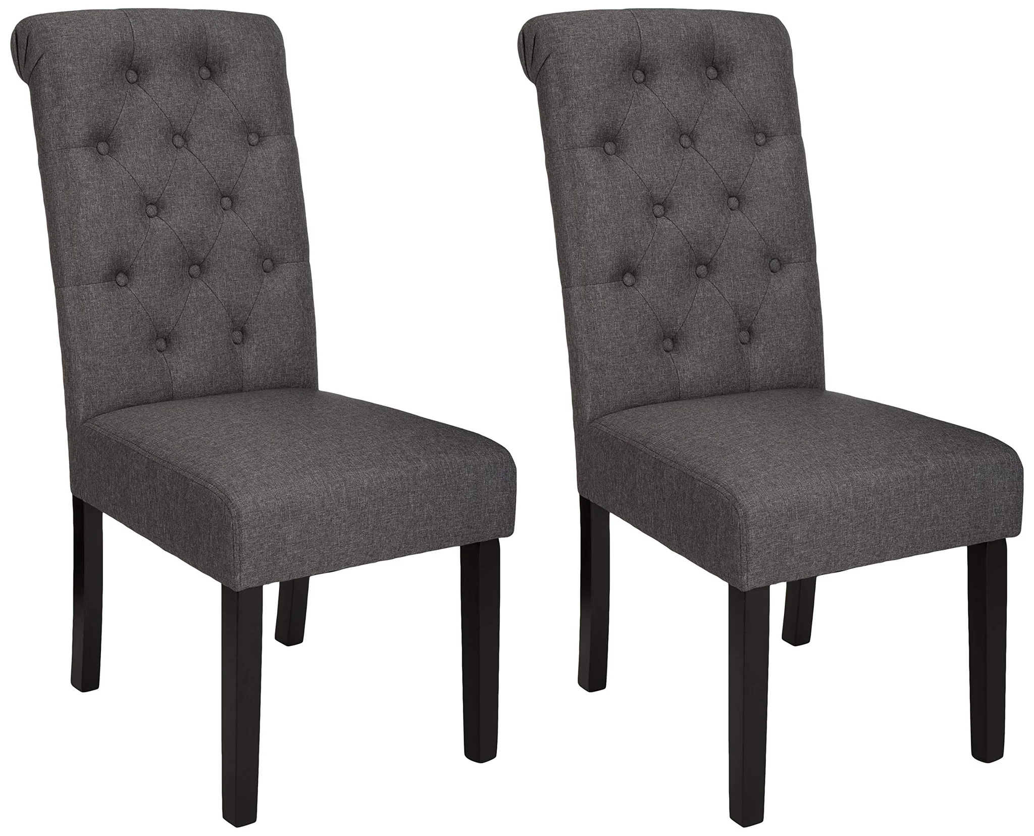 Tufted Fabric Dining Chair Set with Wooden Legs – Charcoal Grey