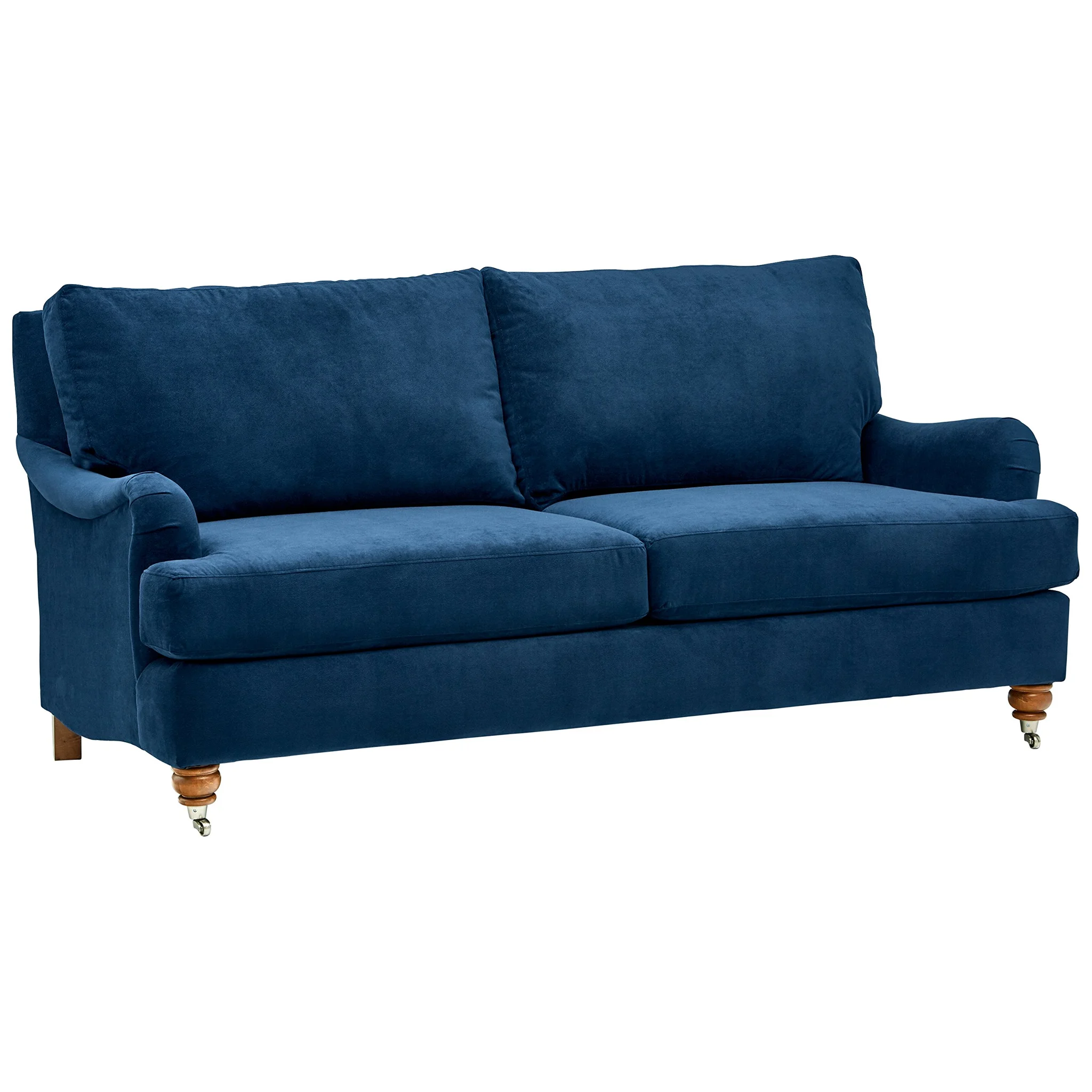 Navy Blue Velvet Farmhouse Sofa with Turned Wood Legs