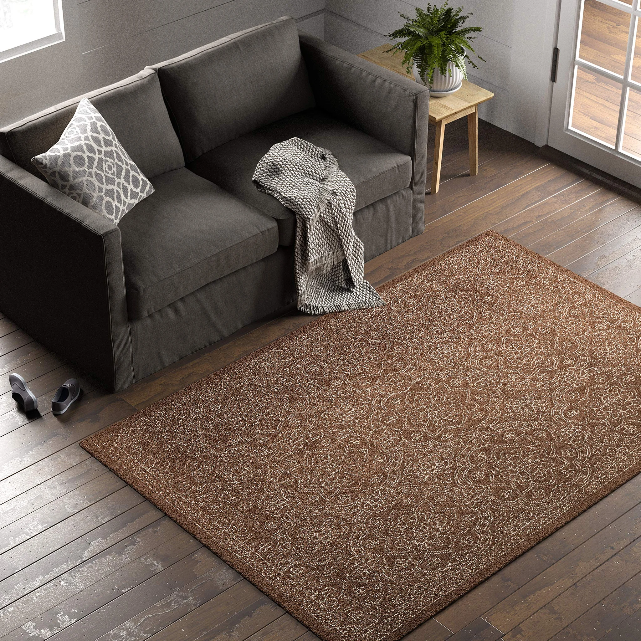 Brown Floral Medallion Wool Area Rug – Contemporary Traditional Style