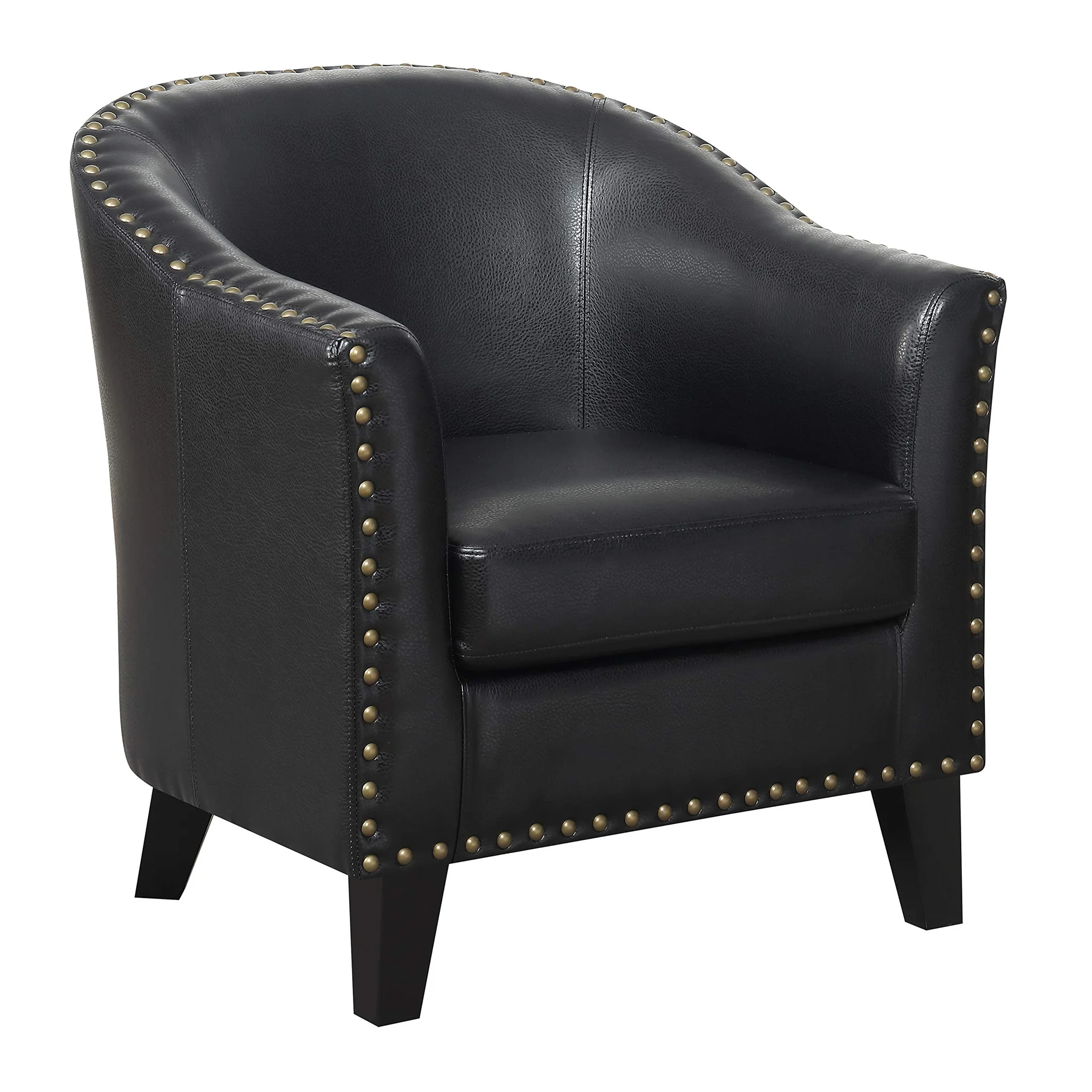 Black Faux Leather Club Accent Chair with Brass Nailhead Trim