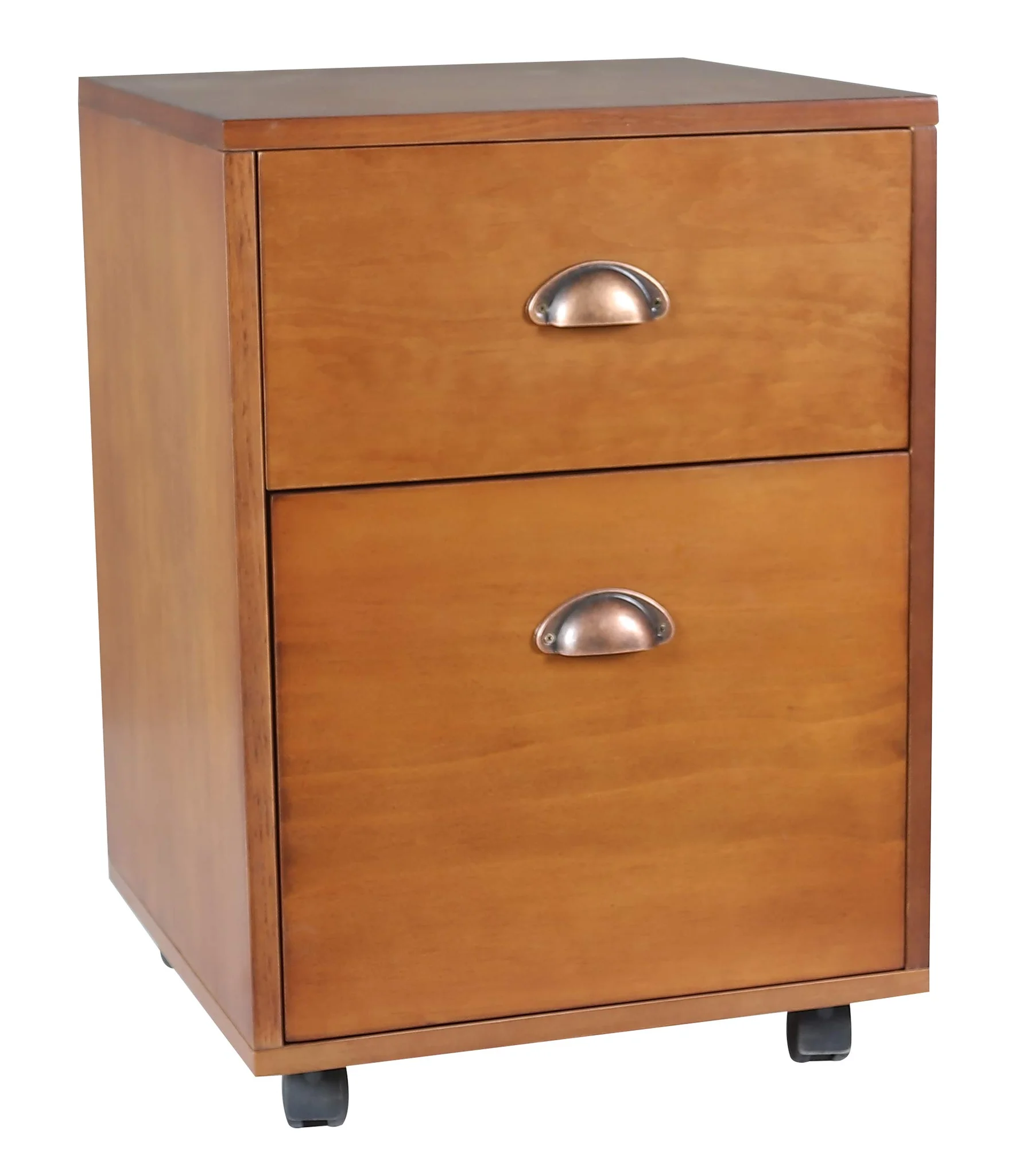 Maple Finish 2-Drawer Rolling File Cabinet with Antique Bronze Handles
