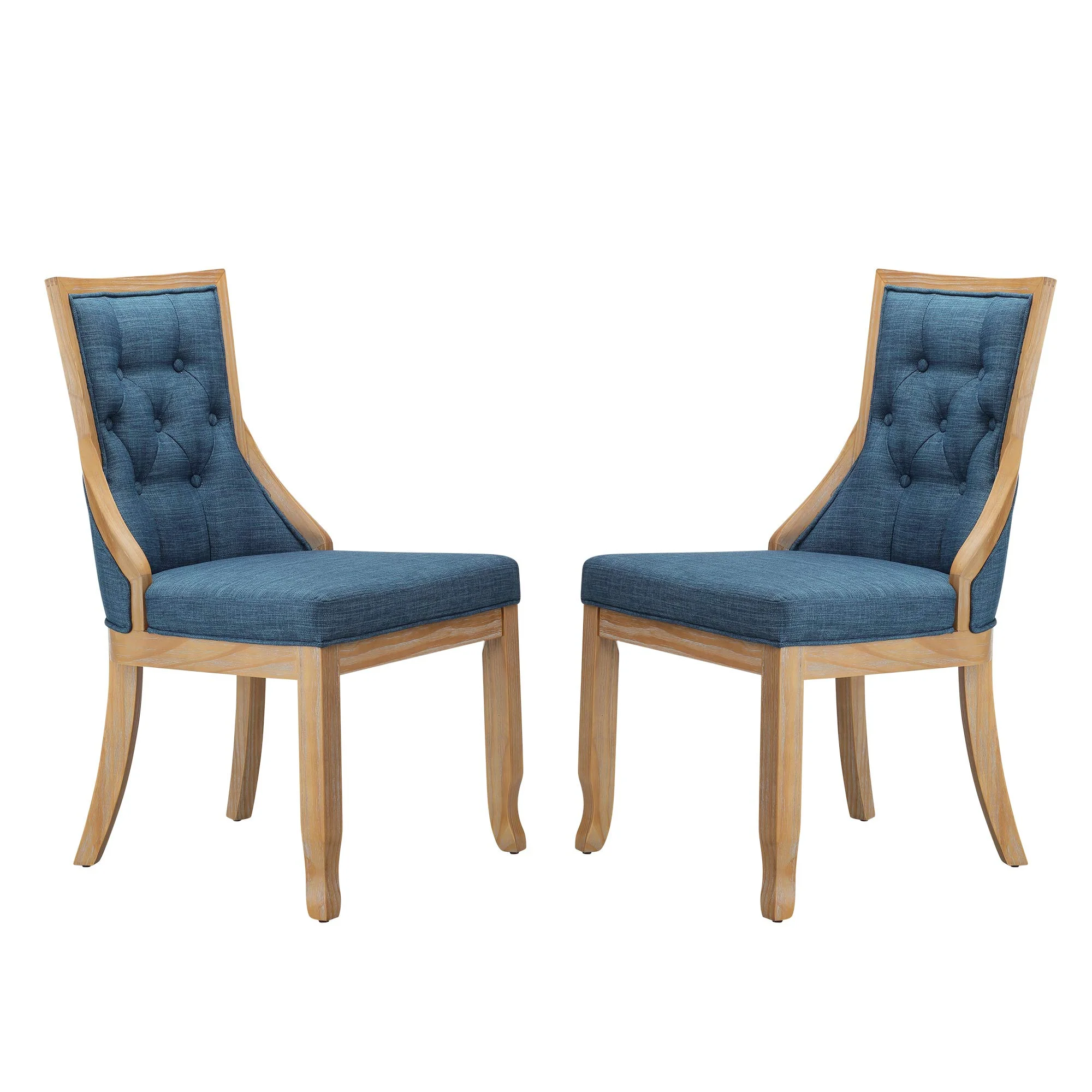 Classic Tufted Dining Chair Set of 2 – Navy Blue Fabric & Natural Wood Frame